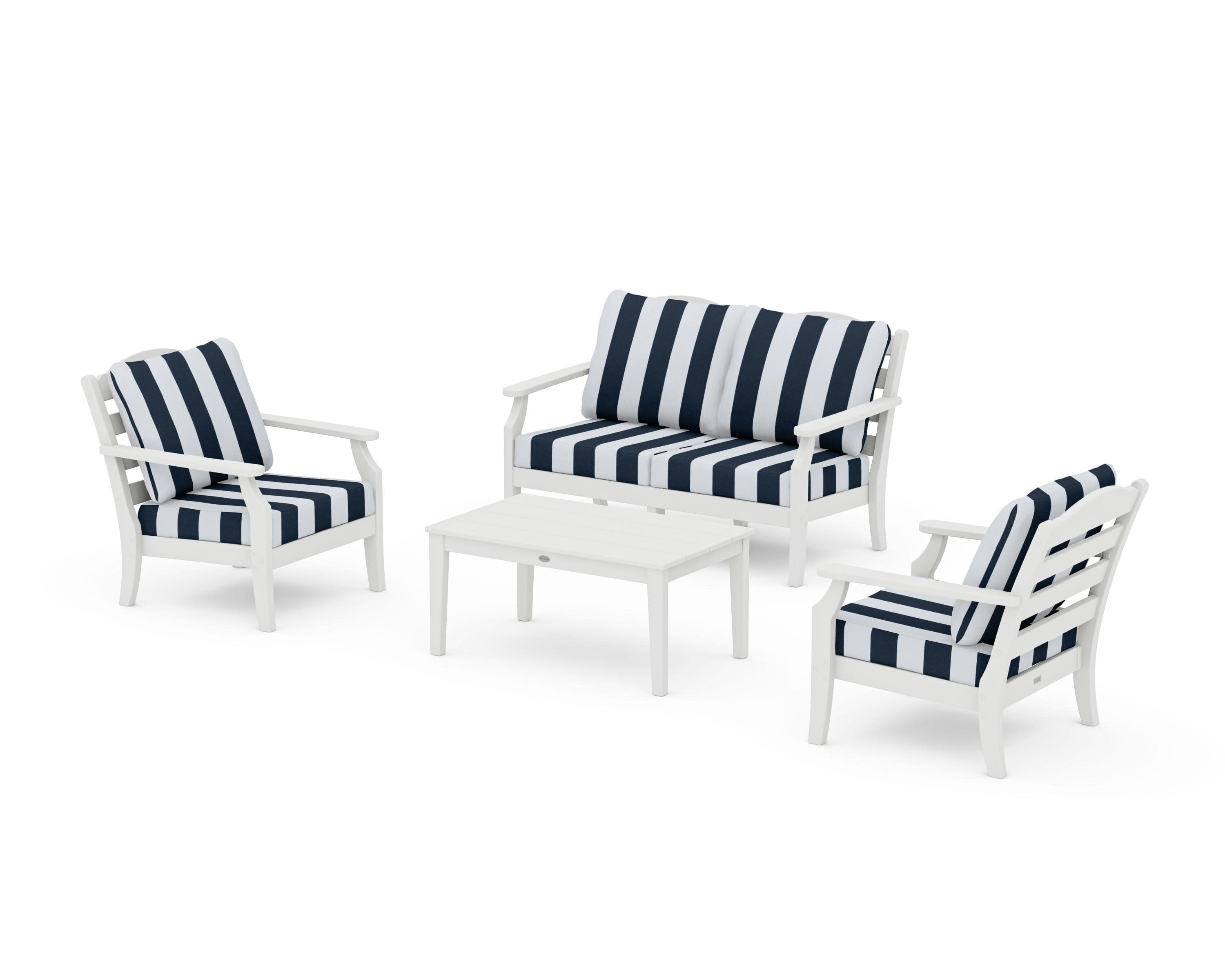 Savannah 4-Piece Deep Seating Set with Loveseat in Vintage White / Cabana Stripe Marine Indigo