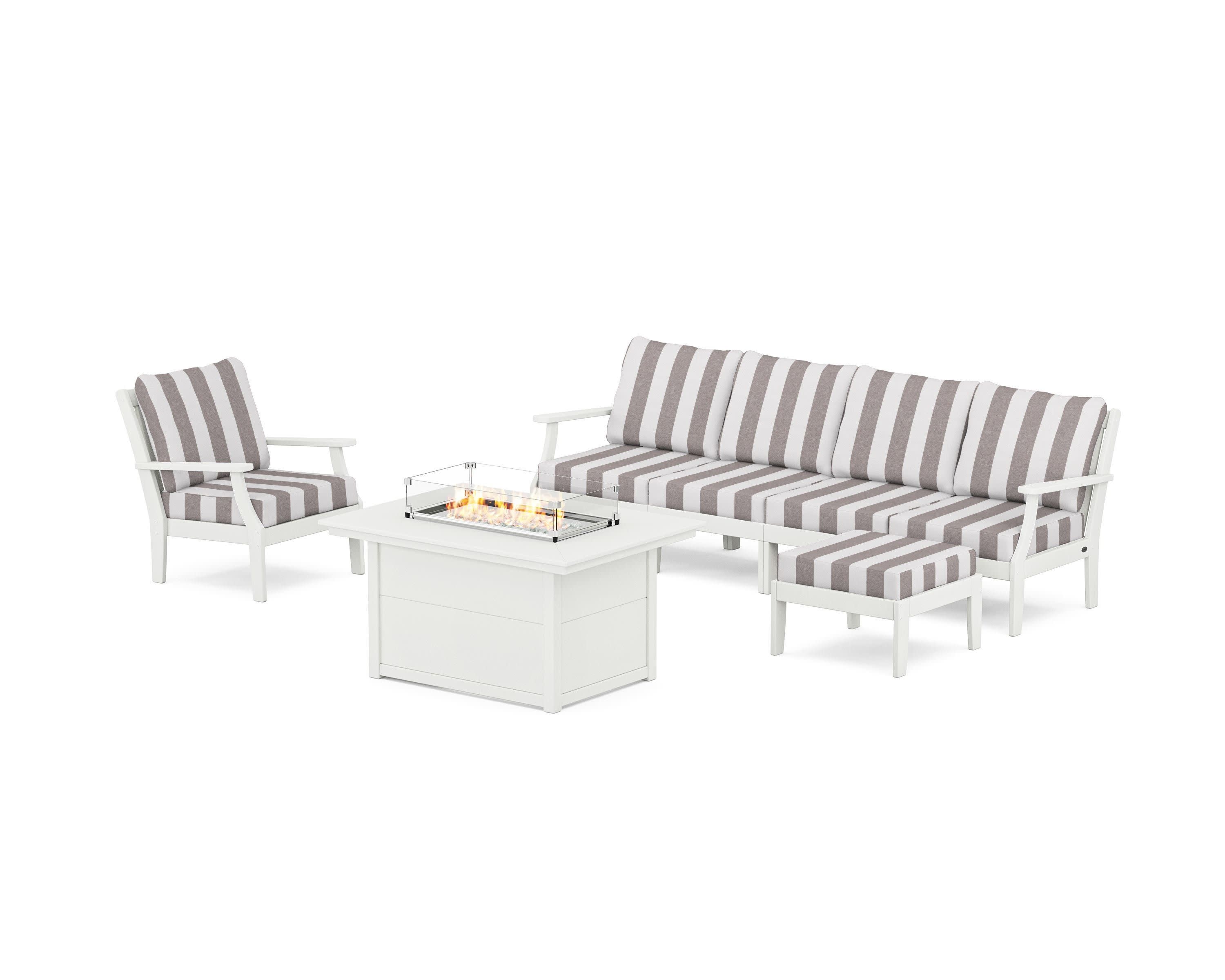 Braxton Sectional Lounge and Fire Pit Set in Vintage White / Cabana Stripe Grey Mist