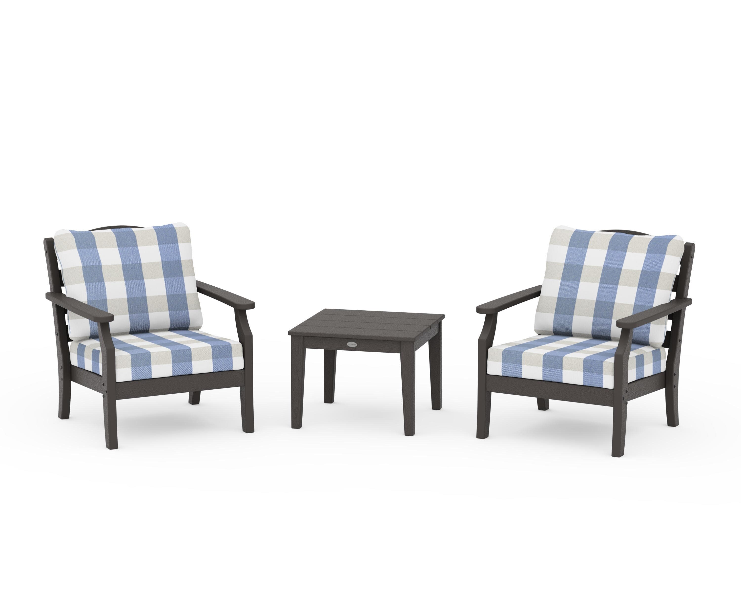 Savannah 3-Piece Deep Seating Set in Vintage Coffee / Buffalo Plaid Sky Blue