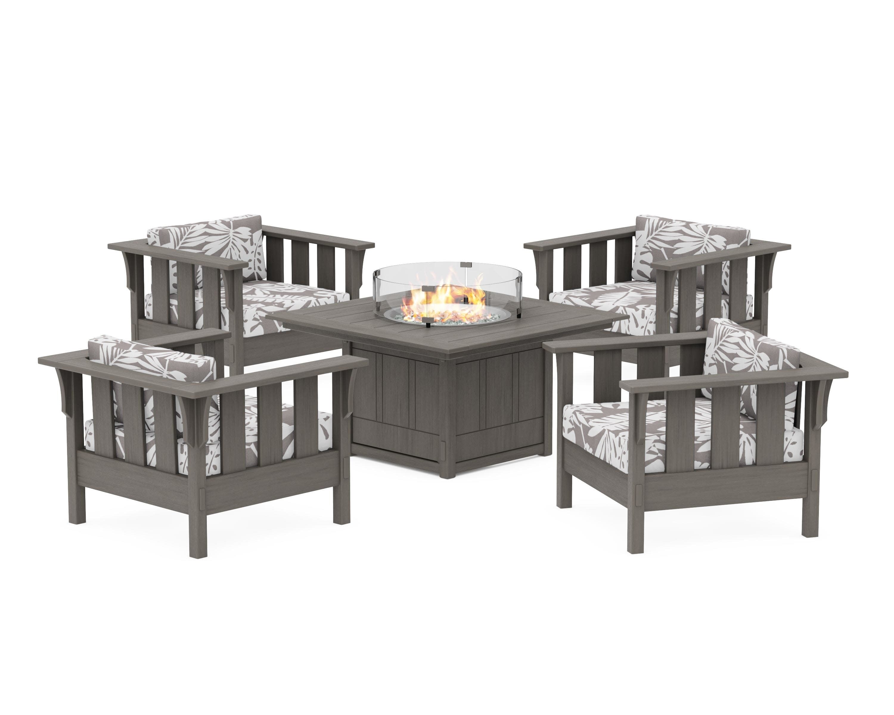 Acadia 5-Piece Deep Seating Set with Fire Pit Table in Driftwood / Leaf Grey Mist