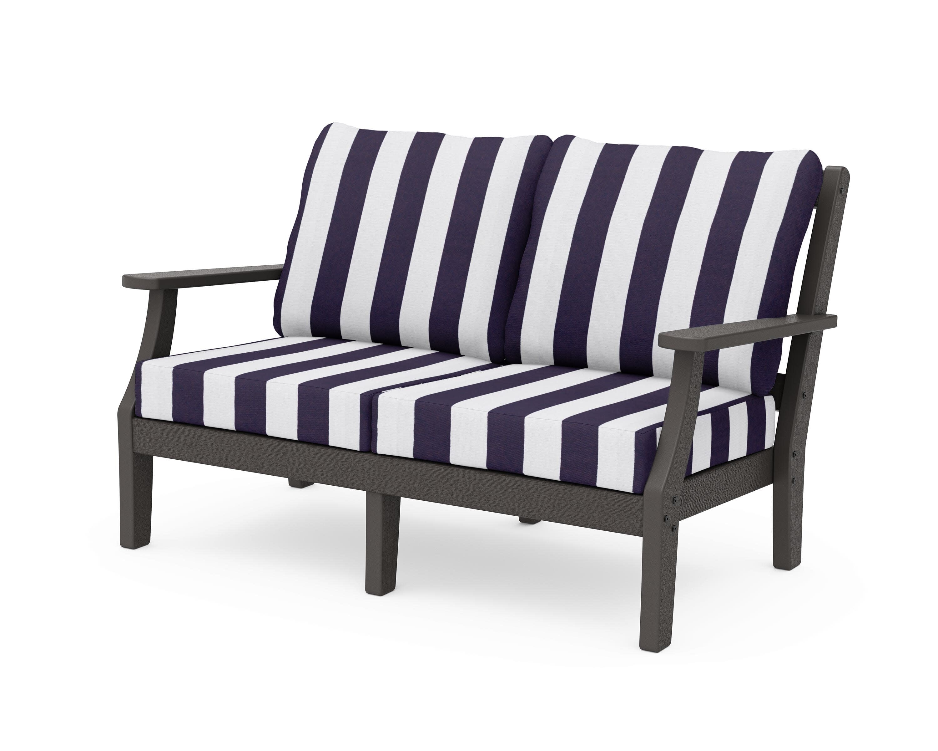 Chinoiserie Deep Seating Loveseat in Vintage Coffee / Cabana Stripe Navy