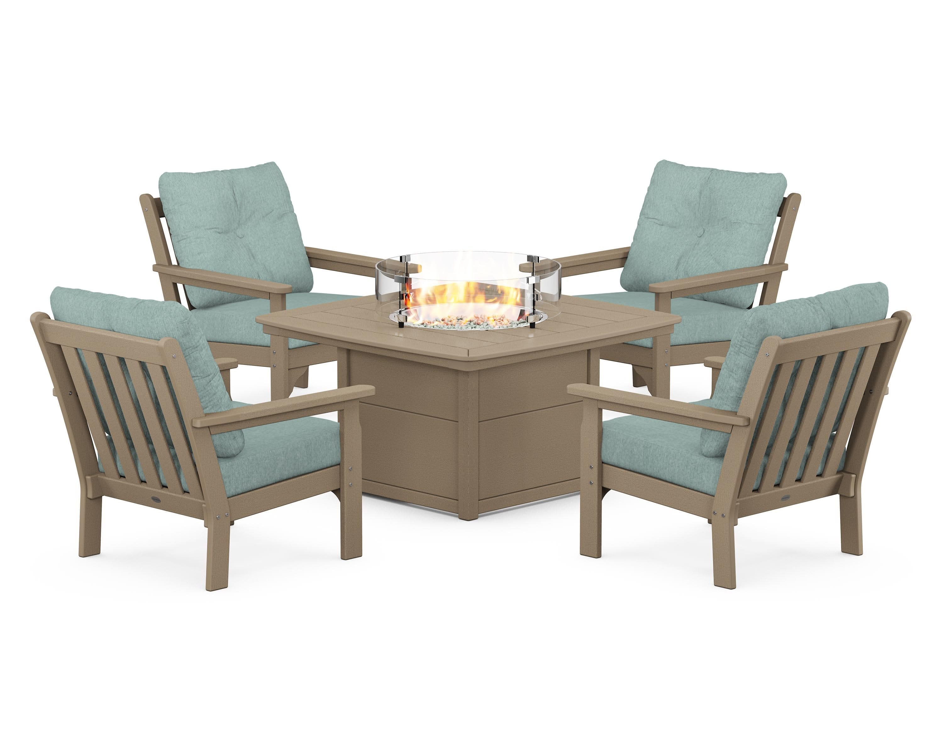 Vineyard 5-Piece Conversation Set with Fire Pit Table in Vintage Sahara / Glacier Spa