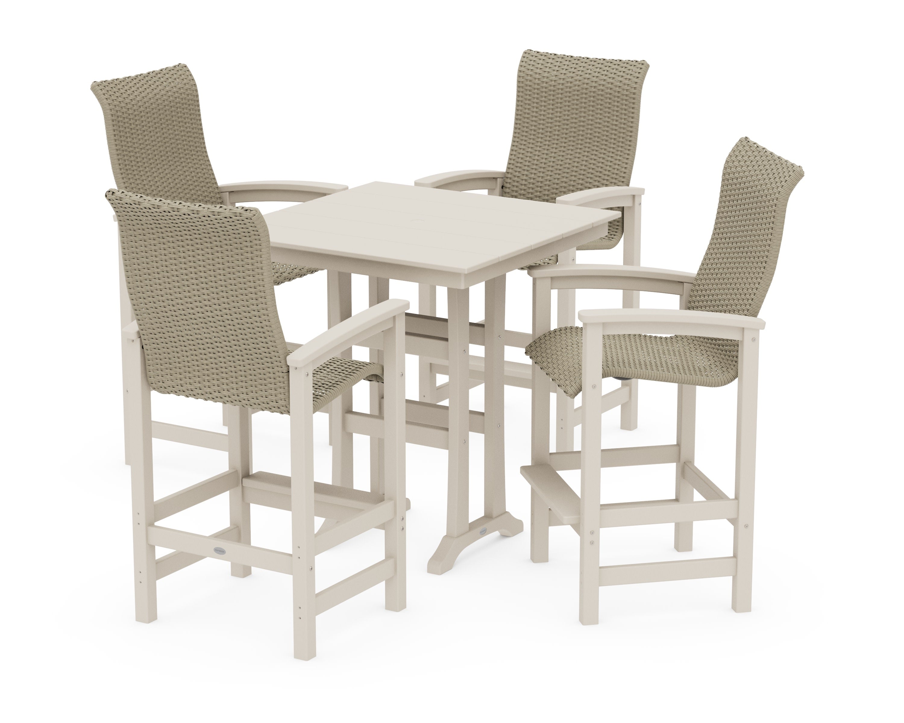 Coastal Woven High-Back 5-Piece Farmhouse Bar Set with Trestle Legs in Sand / Dune Grass