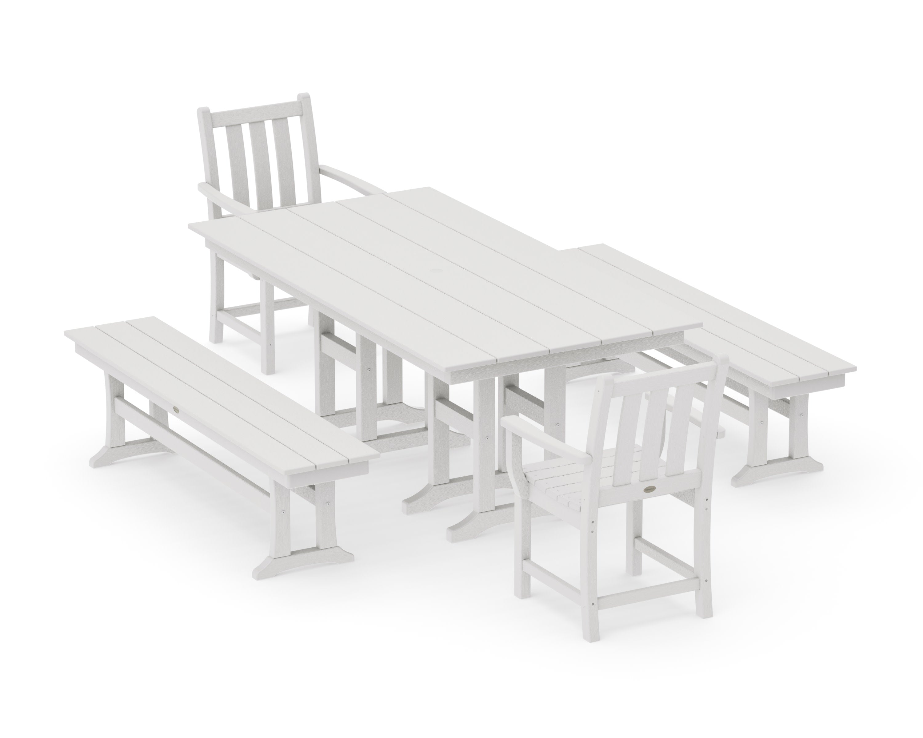 Traditional Garden 5-Piece Farmhouse Dining Set with Benches in Vintage White