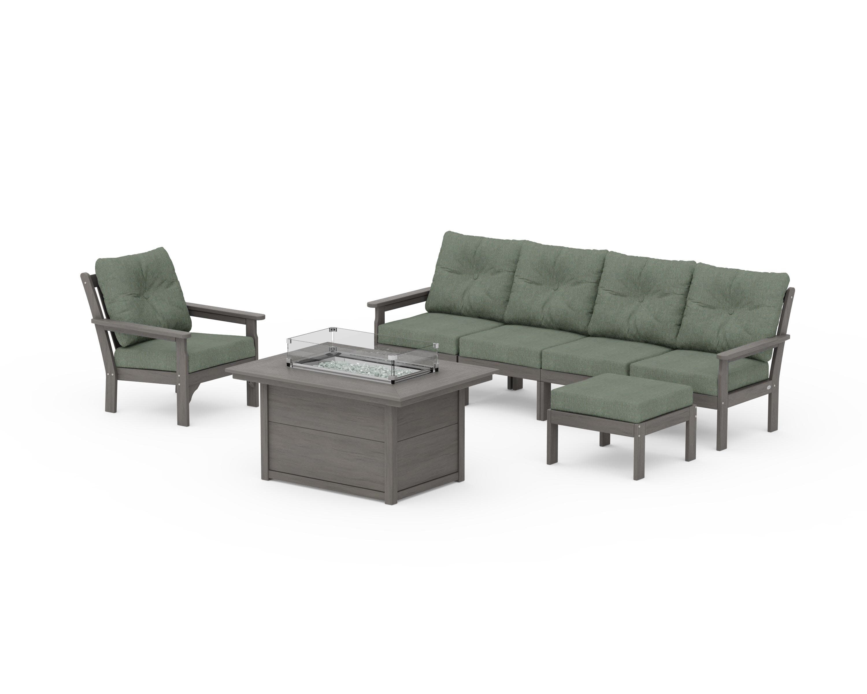 Vineyard Sectional Lounge and Fire Pit Set in Driftwood / Cast Sage