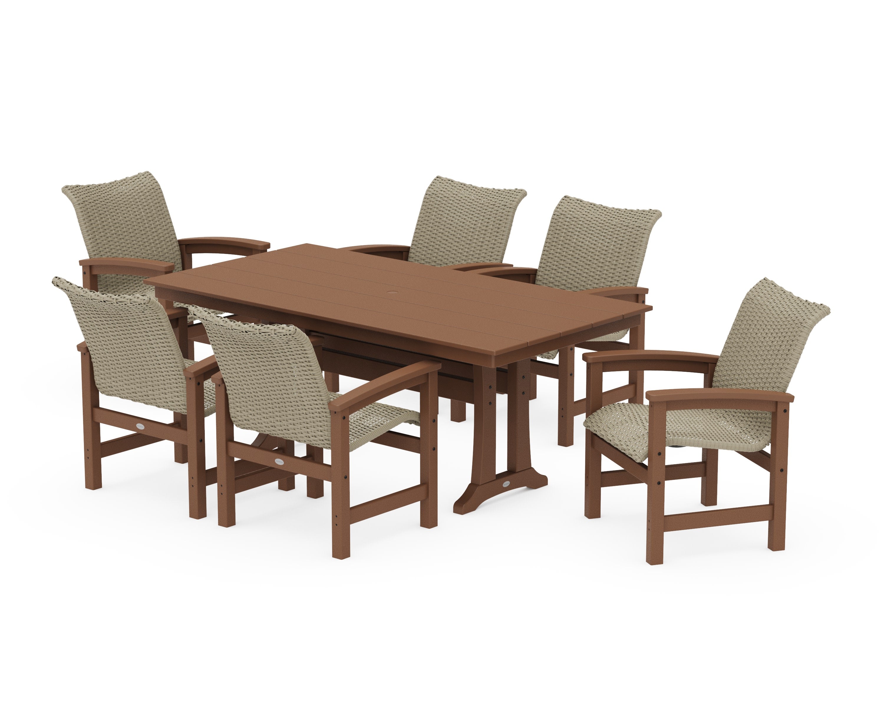 Coastal Woven Arm Chair 7-Piece Farmhouse Dining Set with Trestle Legs in Teak / Dune Grass