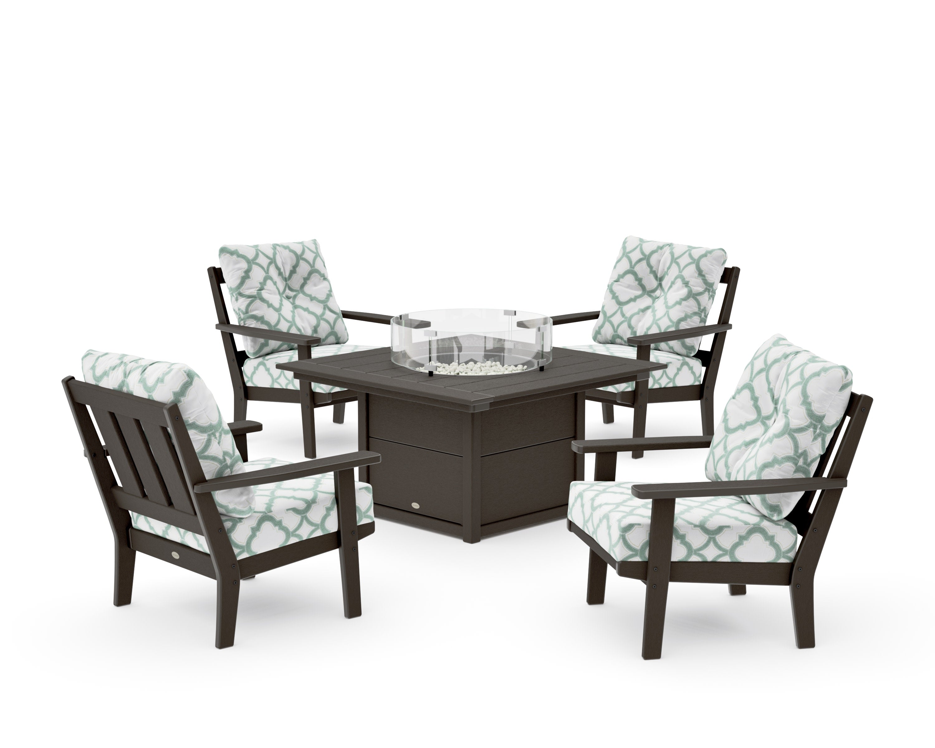 Oxford 5-Piece Deep Seating Set with Fire Pit Table in Vintage Coffee / Trellis Glacier Spa