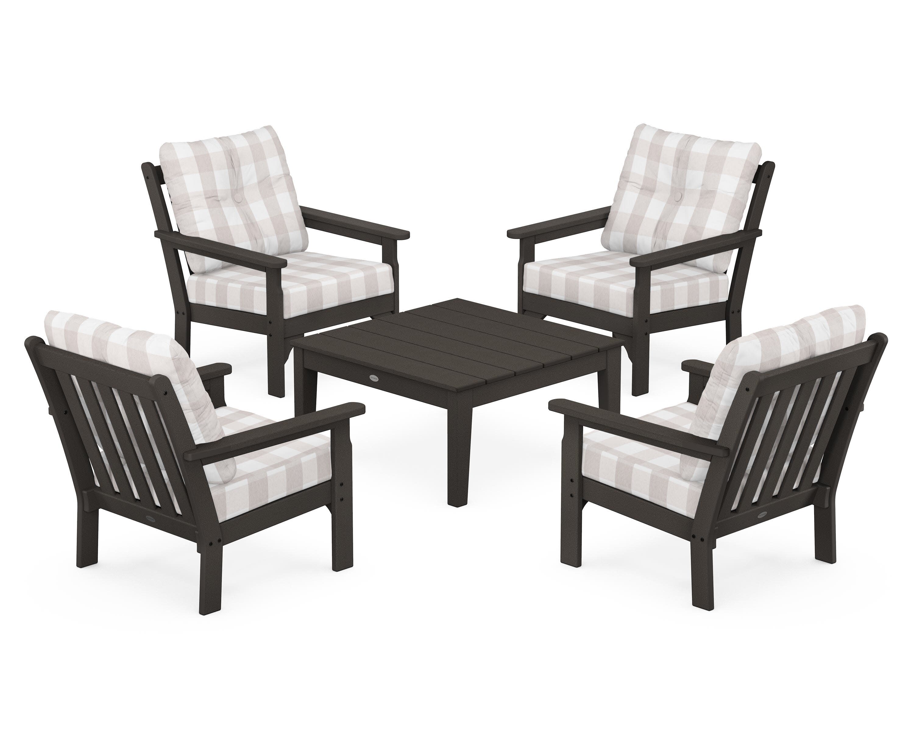 Vineyard 5-Piece Deep Seating Conversation Set in Vintage Coffee / Buffalo Plaid Dune Burlap