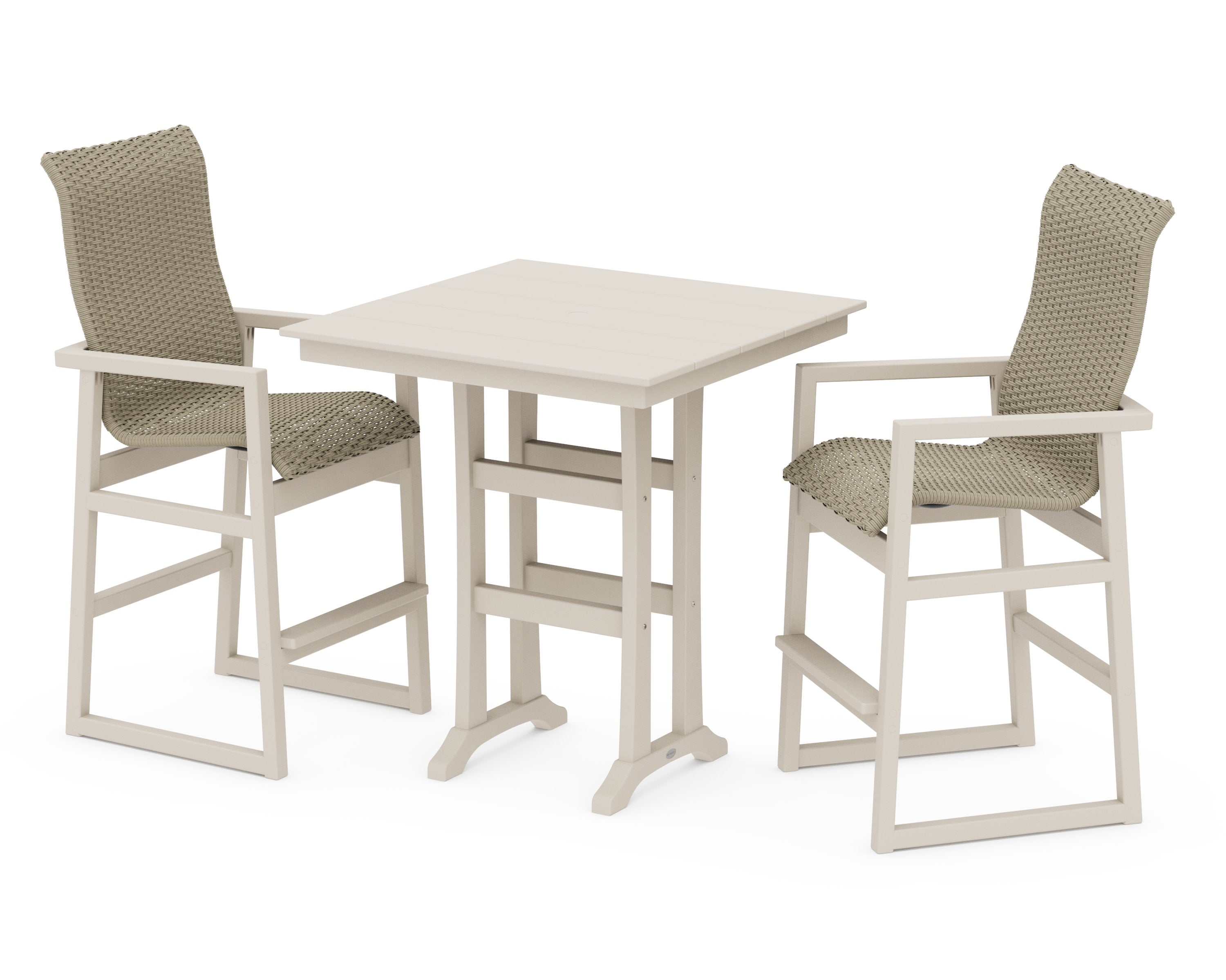 EDGE Woven Highback 3-Piece Farmhouse Bar Set with Trestle Legs in Sand / Dune Grass
