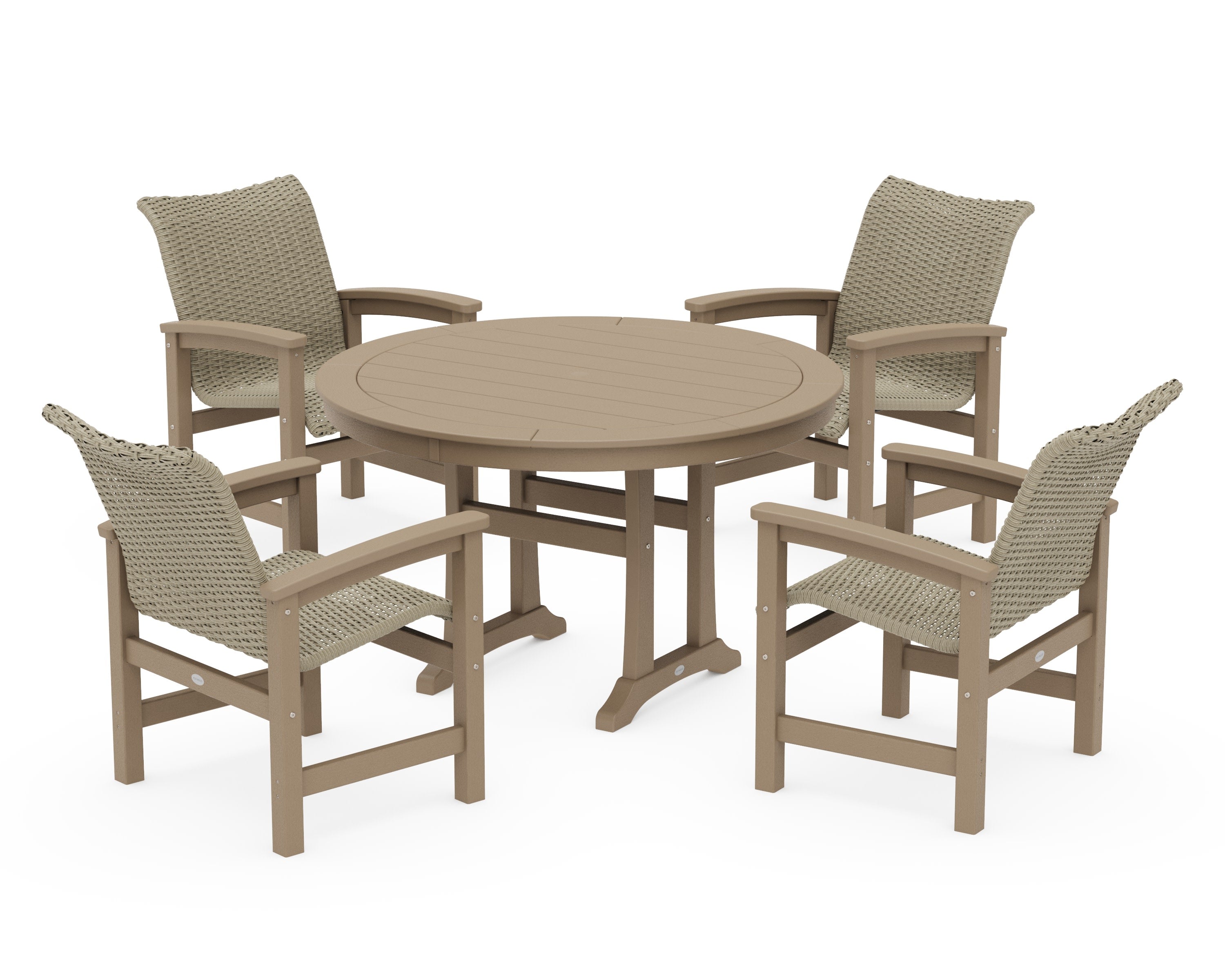 Coastal Woven 5-Piece Round Dining Set with Trestle Legs in Vintage Sahara / Dune Grass