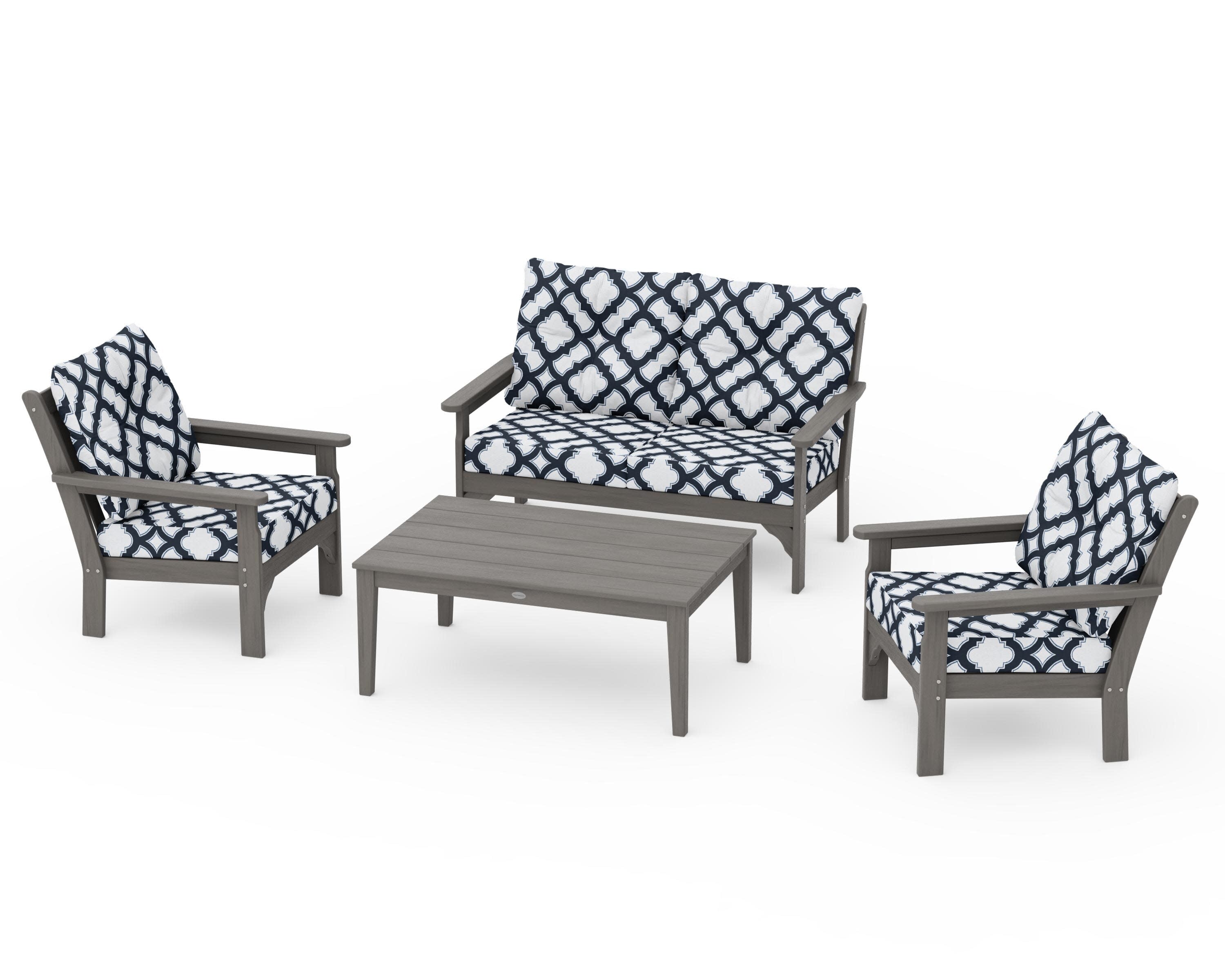 Vineyard 4-Piece Deep Seating Set in Driftwood / Trellis Marine Indigo