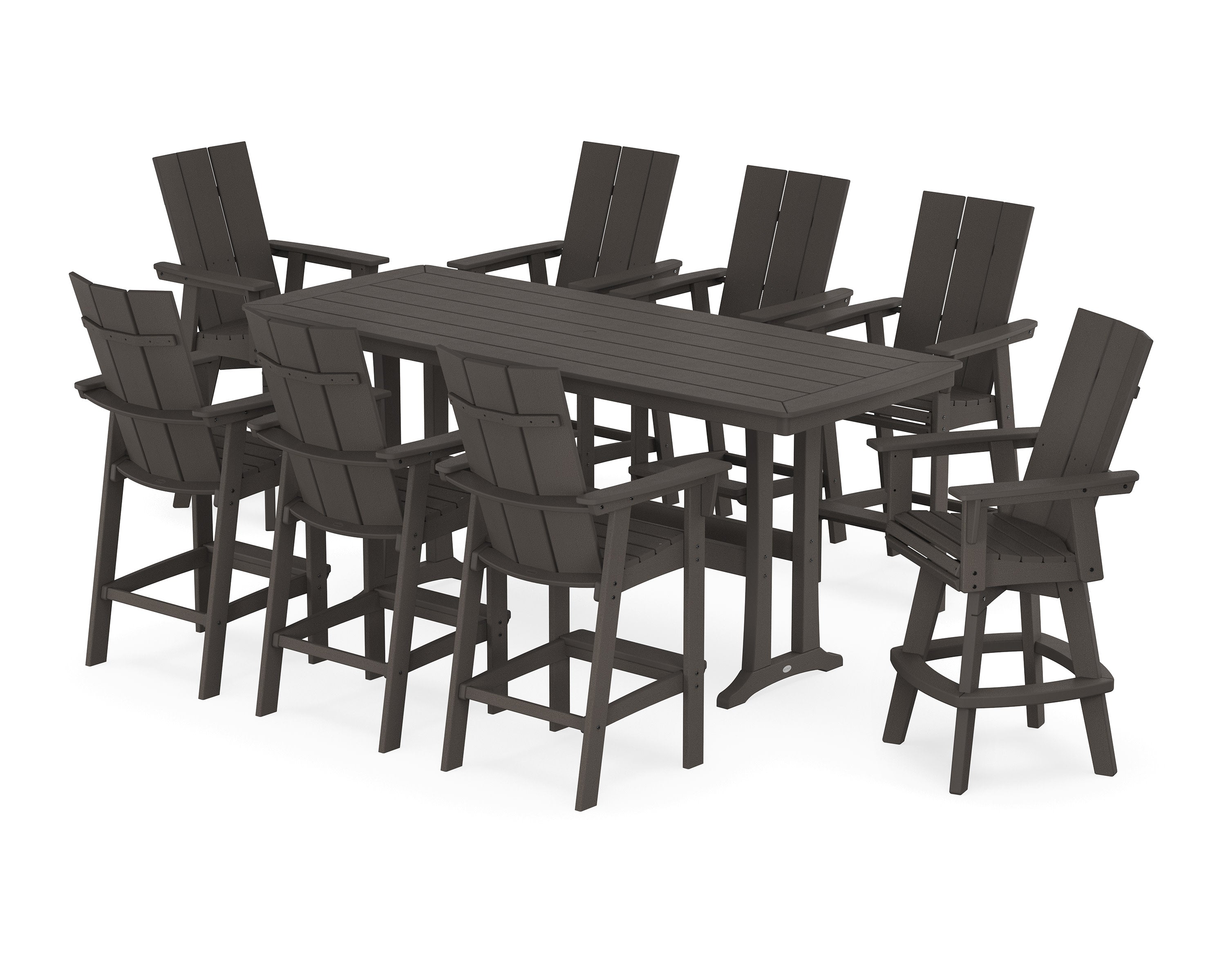 Modern Curveback Adirondack Swivel 9-Piece Bar Set with Trestle Legs in Vintage Coffee