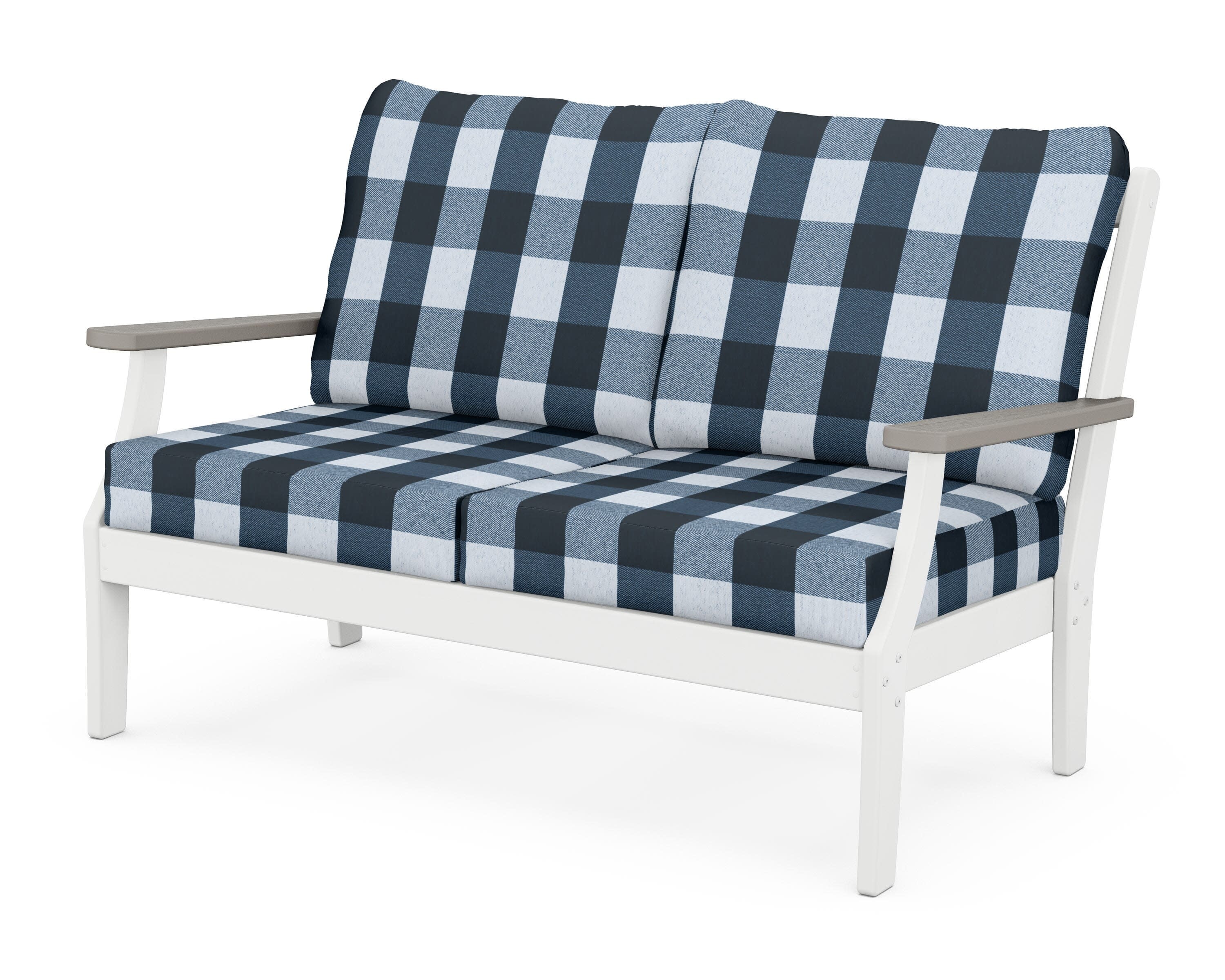 Braxton Deep Seating Loveseat in White / Driftwood / Buffalo Plaid Marine Indigo