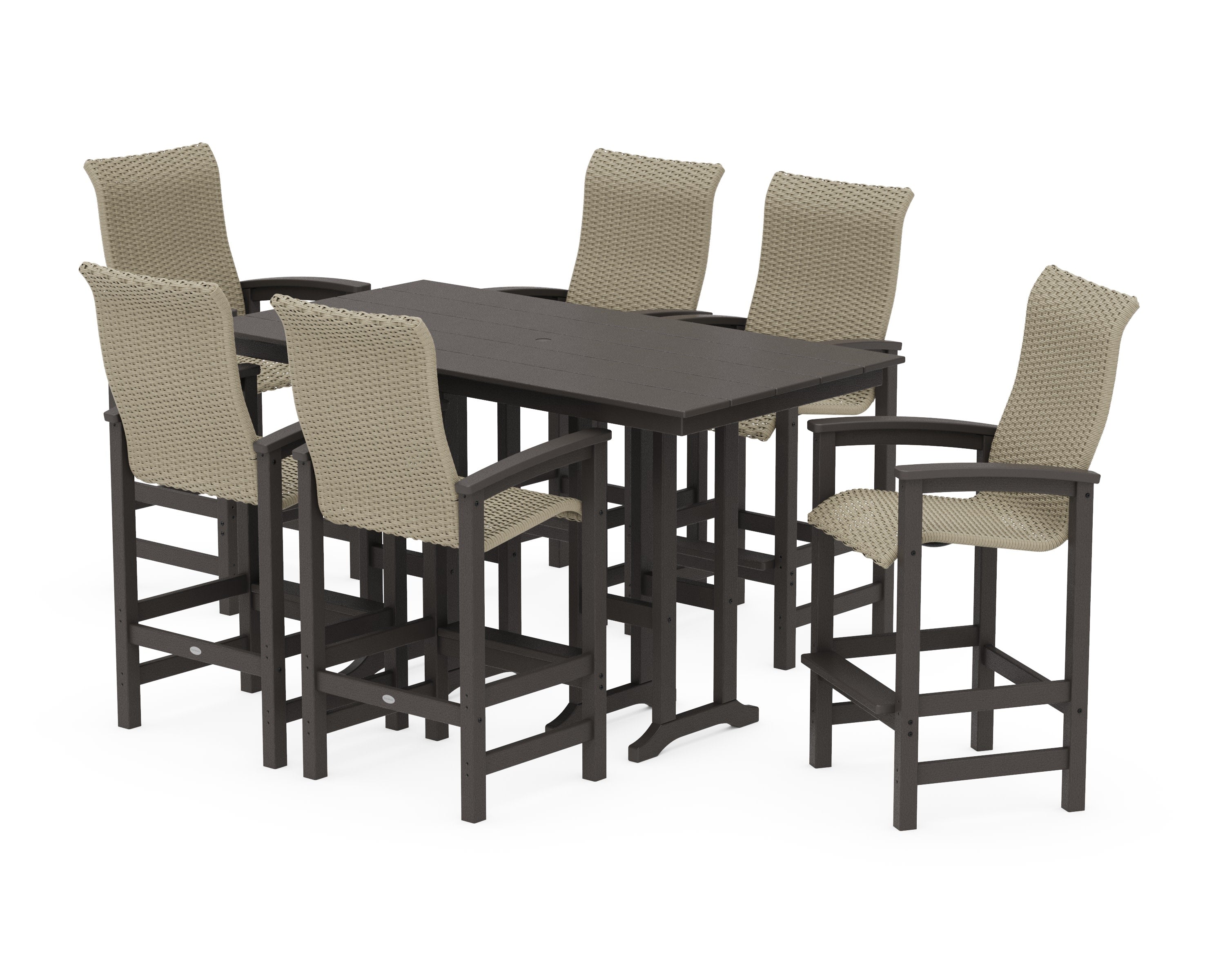 Coastal Woven High-Back Arm Chair 7-Piece Farmhouse Bar Set in Vintage Coffee / Dune Grass