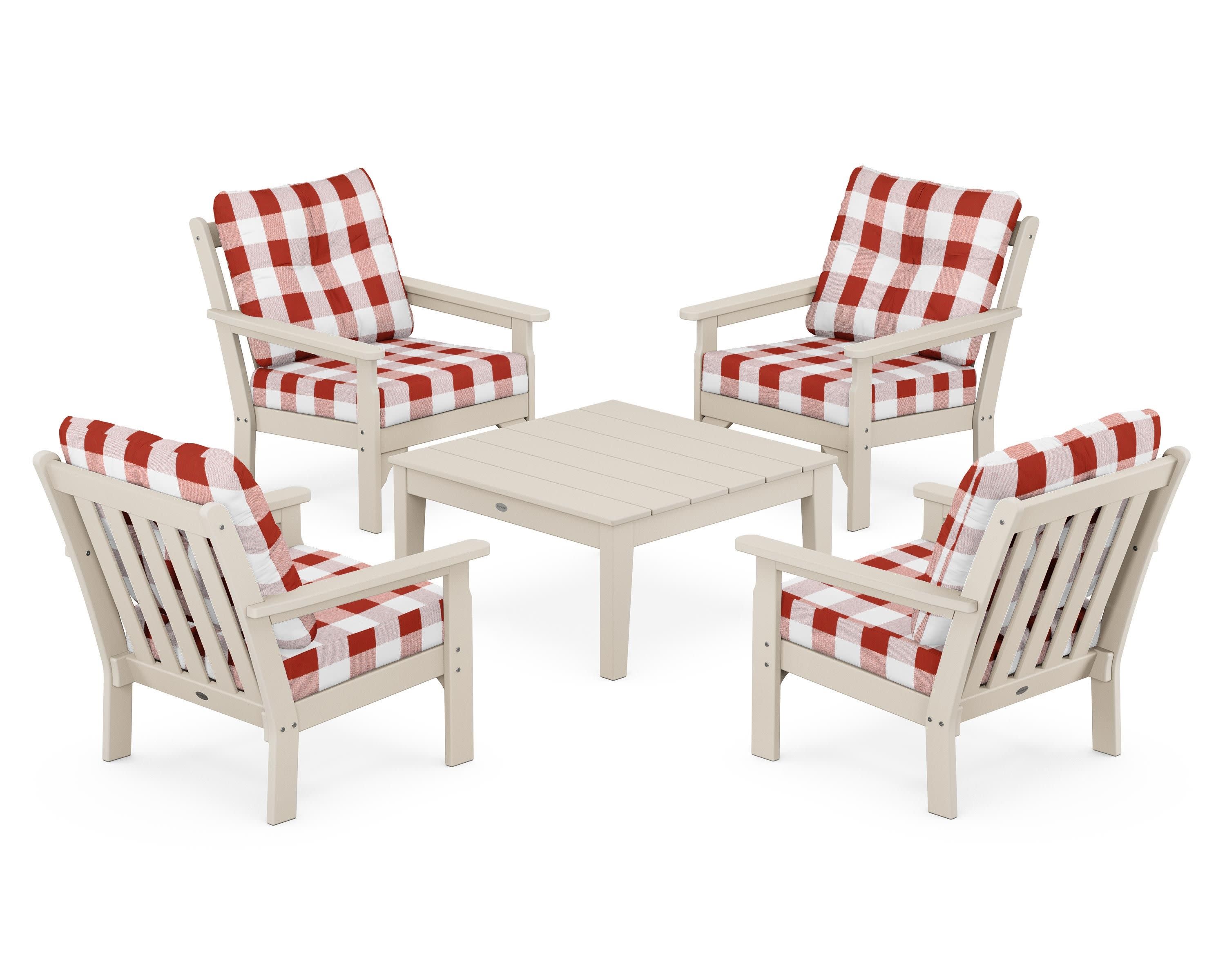 Vineyard 5-Piece Deep Seating Conversation Set in Sand / Buffalo Plaid Crimson