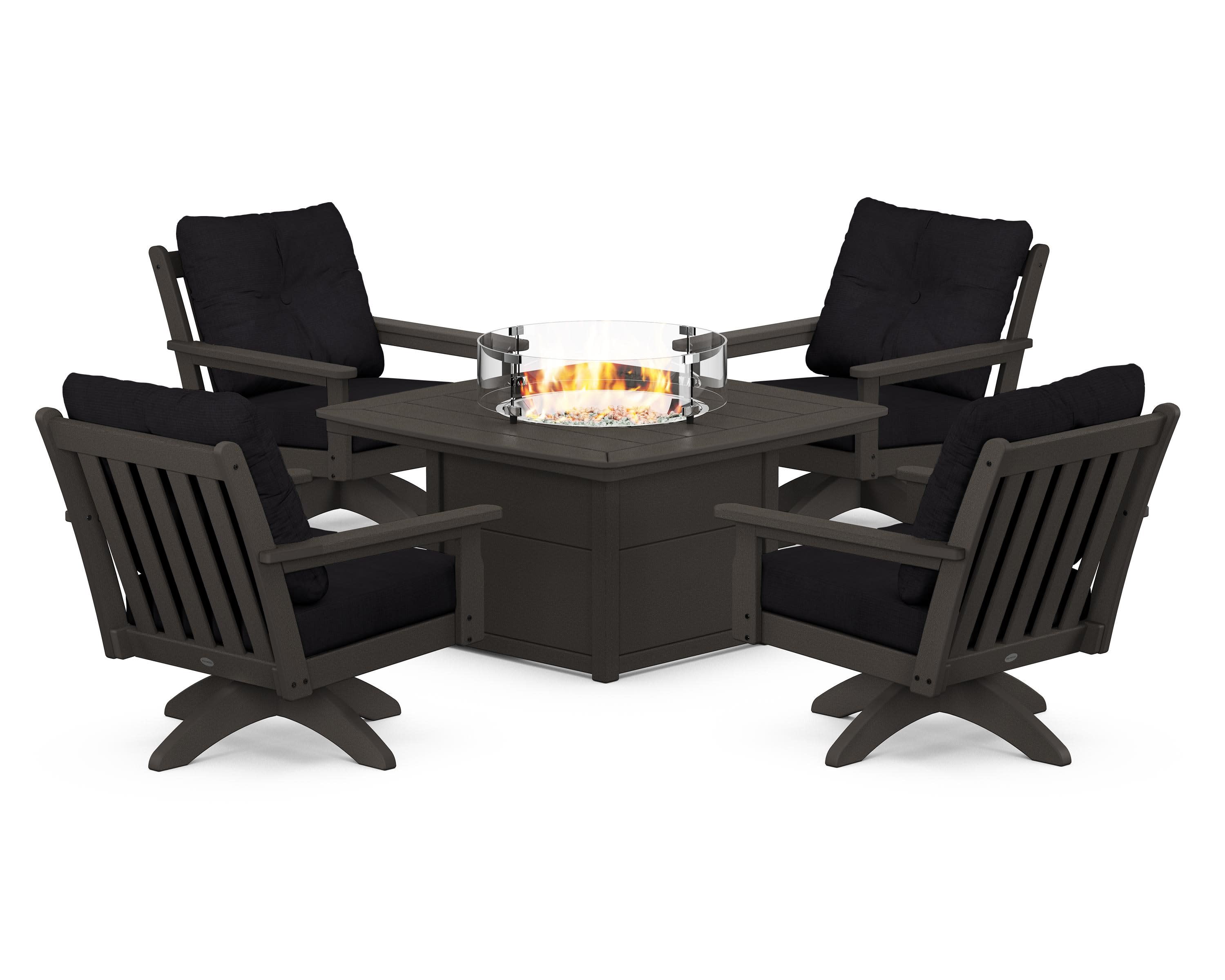 Vineyard 5-Piece Deep Seating Swivel Conversation Set with Fire Pit Table in Vintage Coffee / Midnight Linen