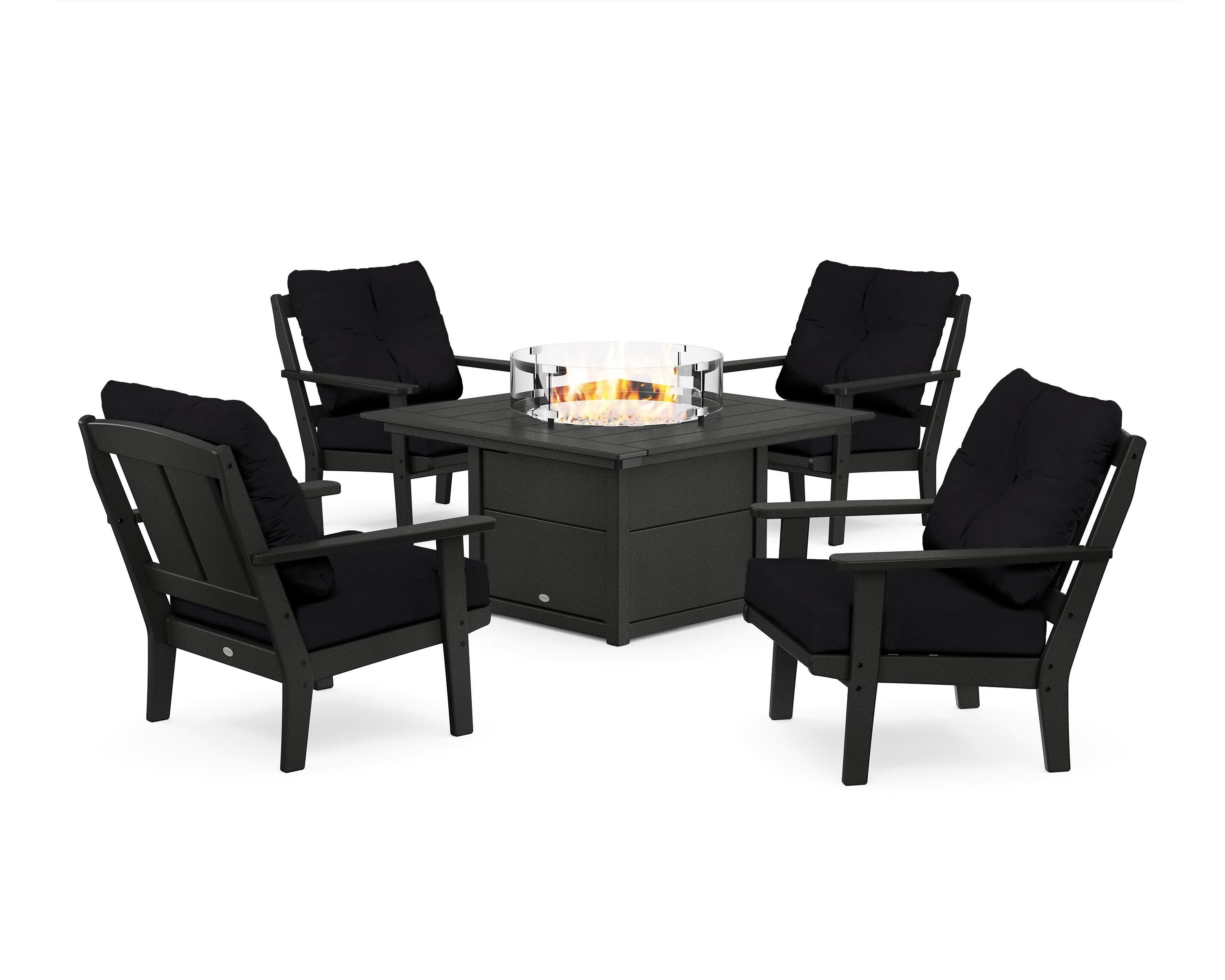 Mission 5-Piece Deep Seating Set with Fire Pit Table in Black / Midnight Linen