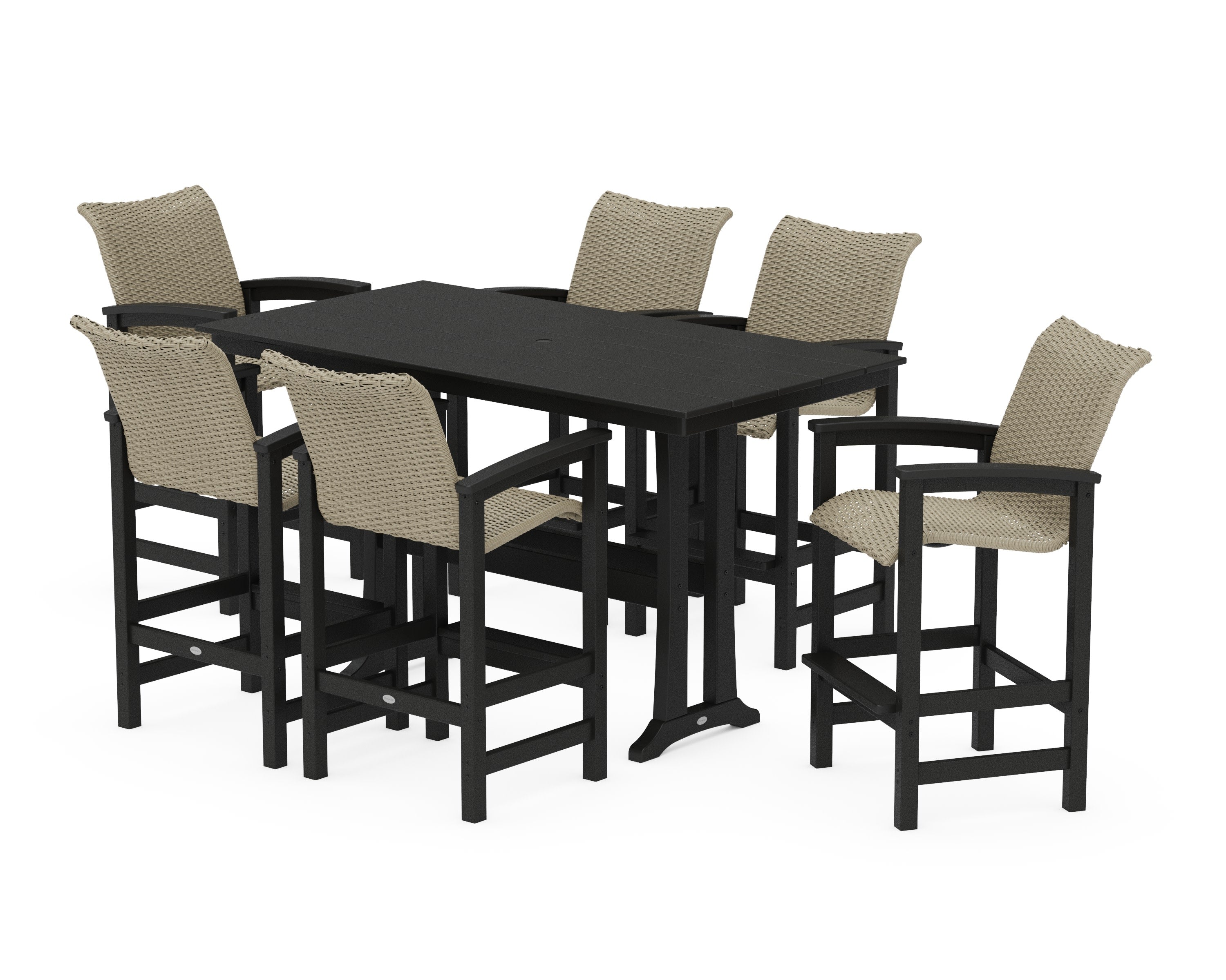 Coastal Woven Arm Chair 7-Piece Farmhouse Bar Set with Trestle Legs in Black / Dune Grass
