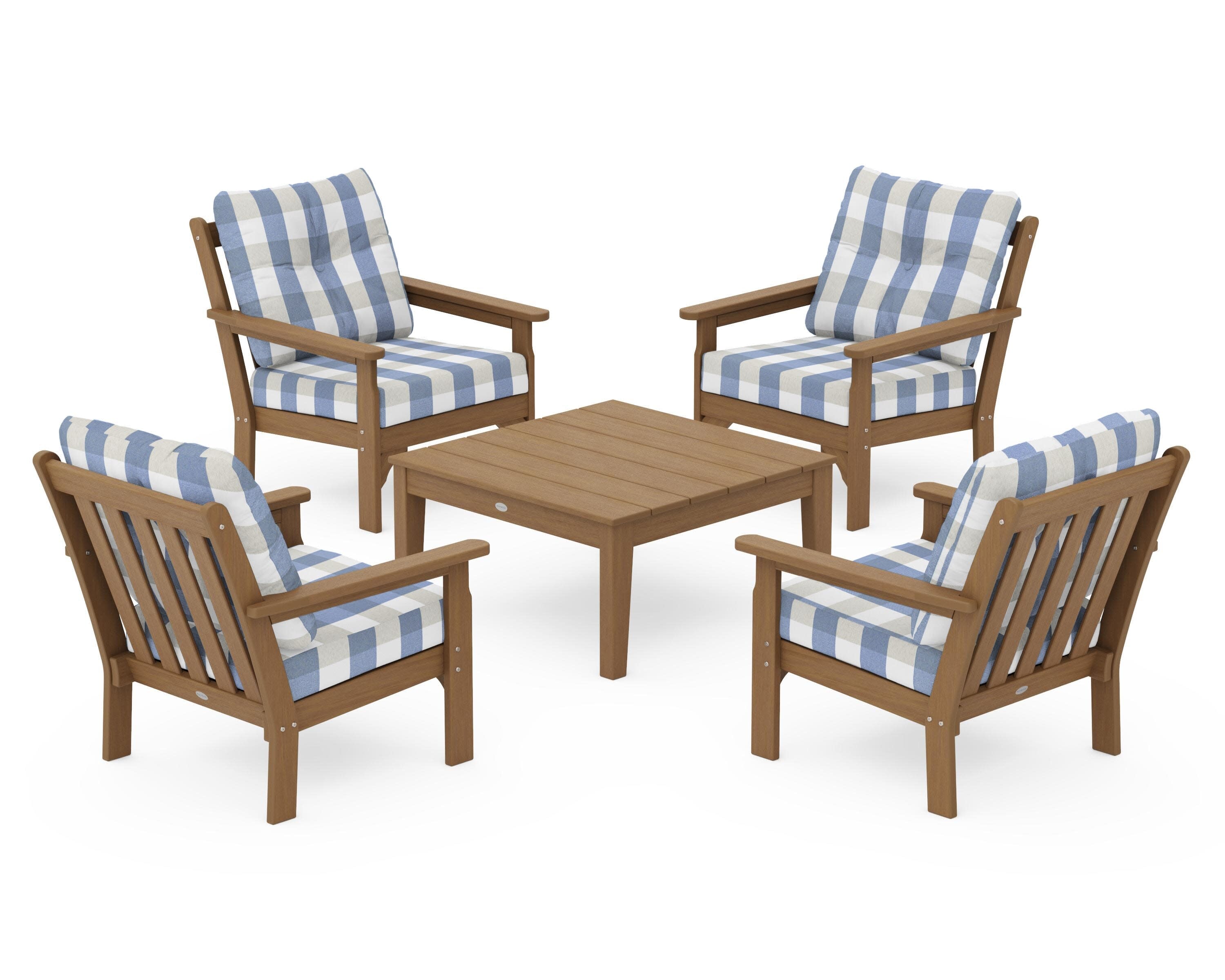 Vineyard 5-Piece Deep Seating Conversation Set in Natural / Buffalo Plaid Sky Blue