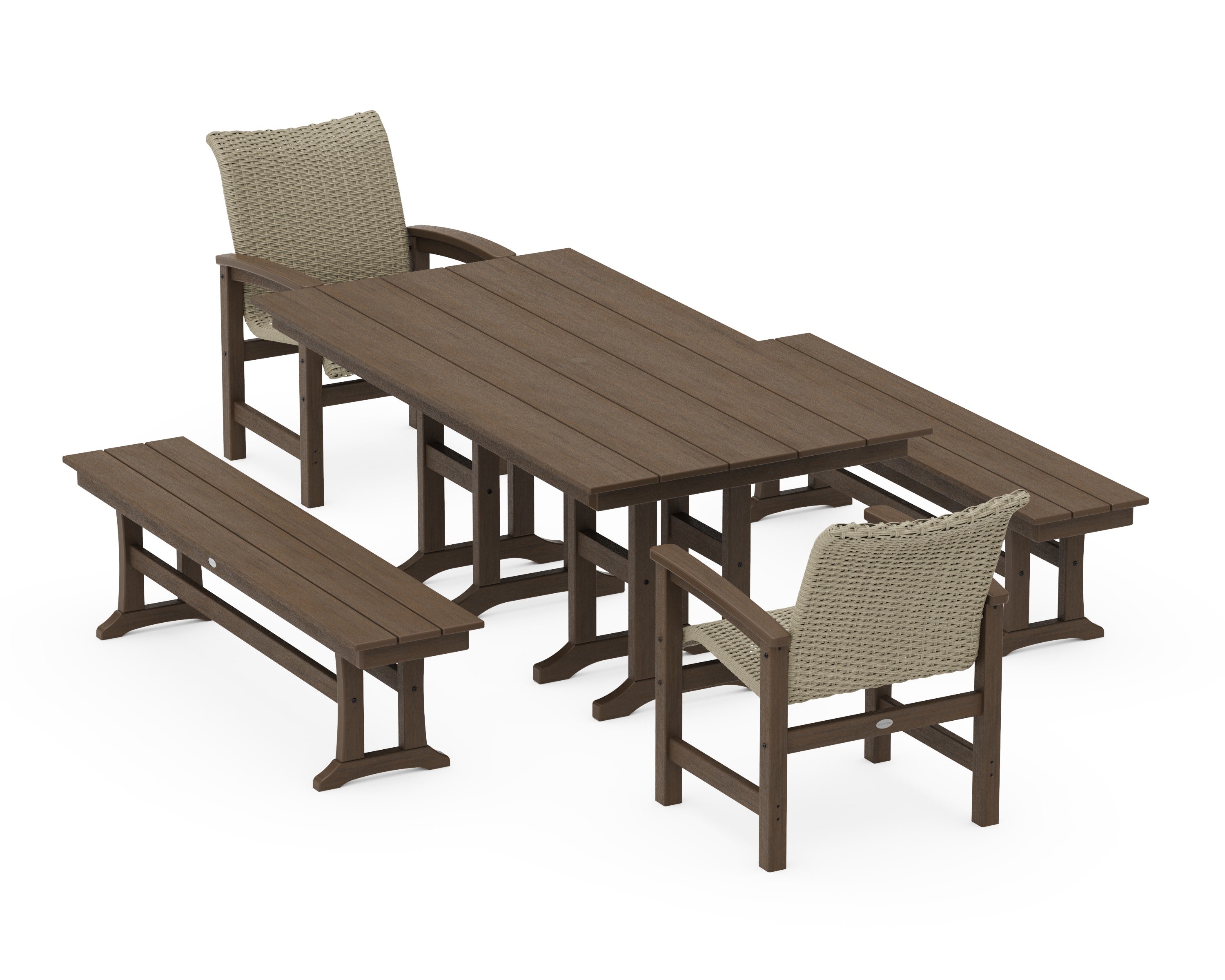 Coastal Woven 5-Piece Farmhouse Dining Set with Benches in Kona / Dune Grass