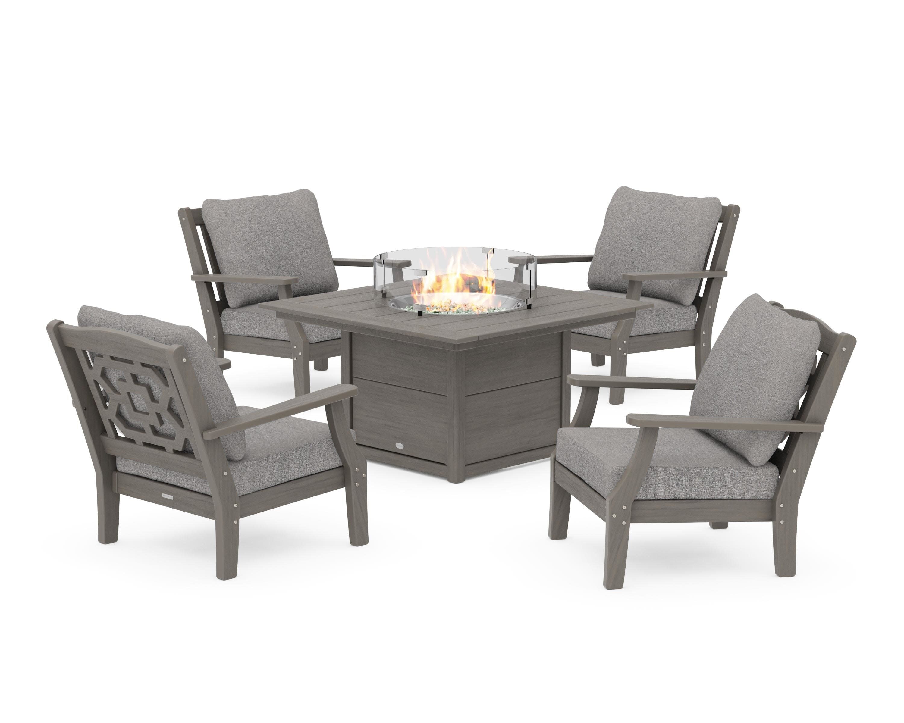 Chinoiserie 5-Piece Deep Seating Set with Fire Pit Table in Driftwood / Grey Mist