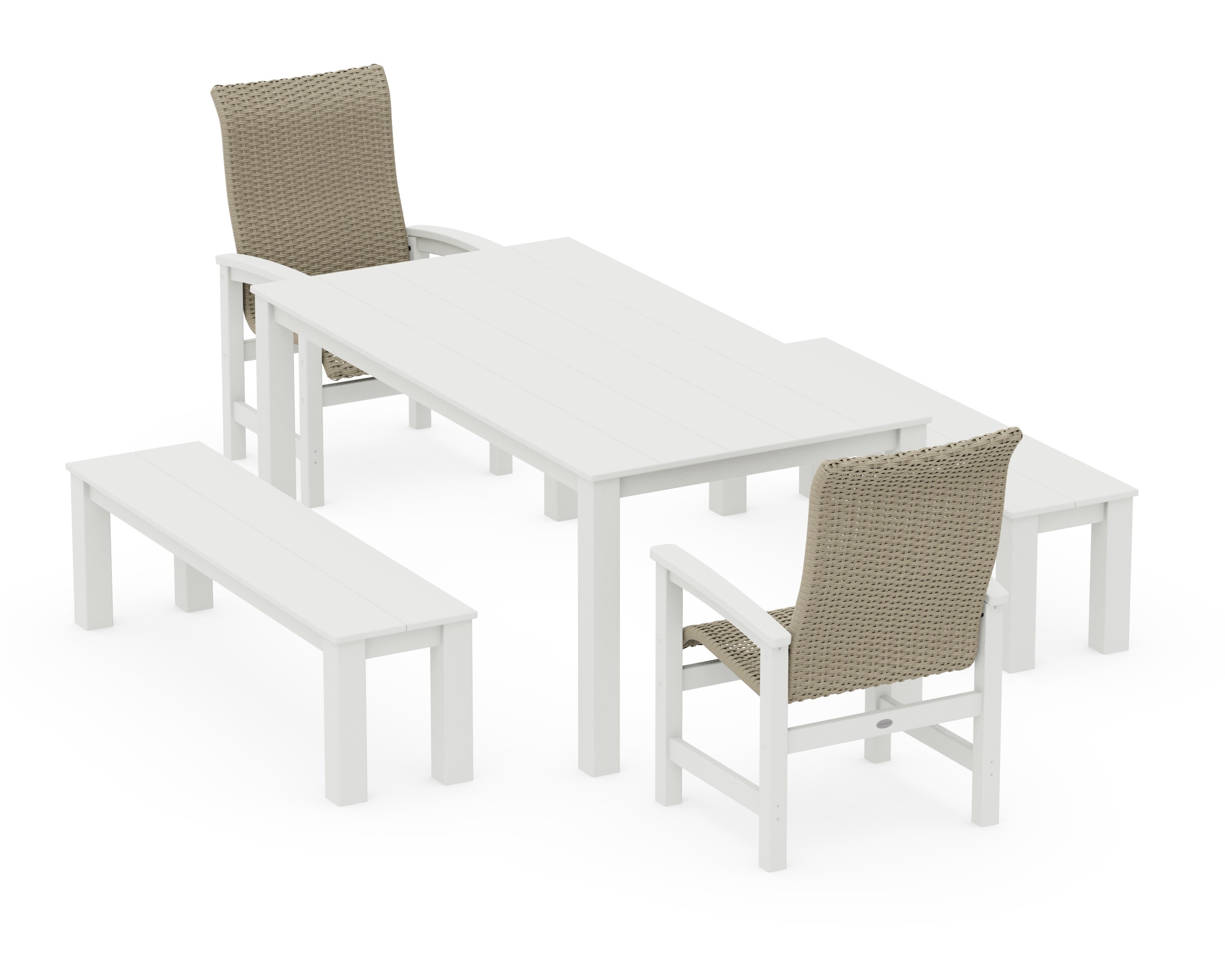 Coastal Woven High-Back 5-Piece Parsons Dining Set with Benches in Vintage White / Dune Grass