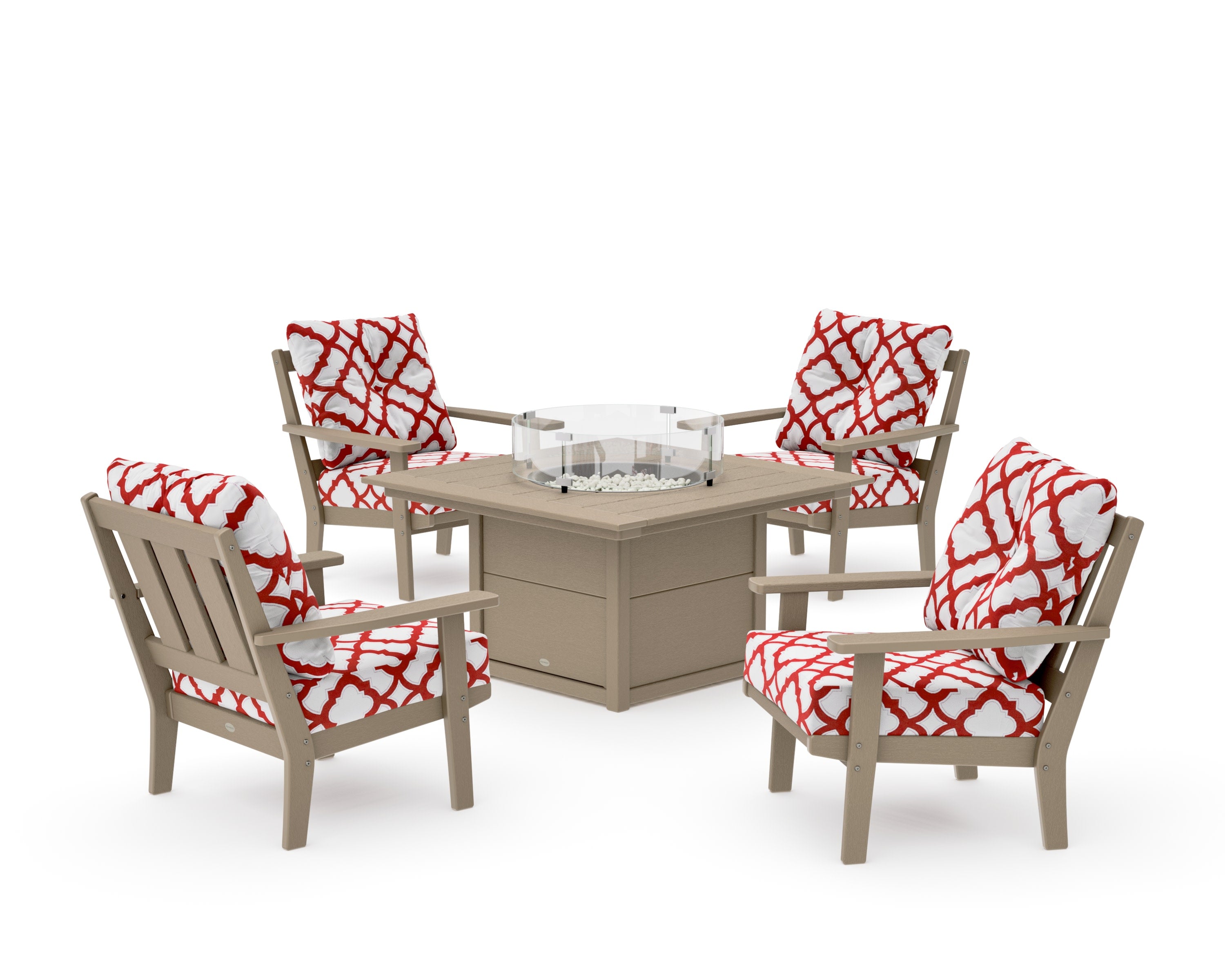 Oxford 5-Piece Deep Seating Set with Fire Pit Table in Vintage Sahara / Trellis Crimson
