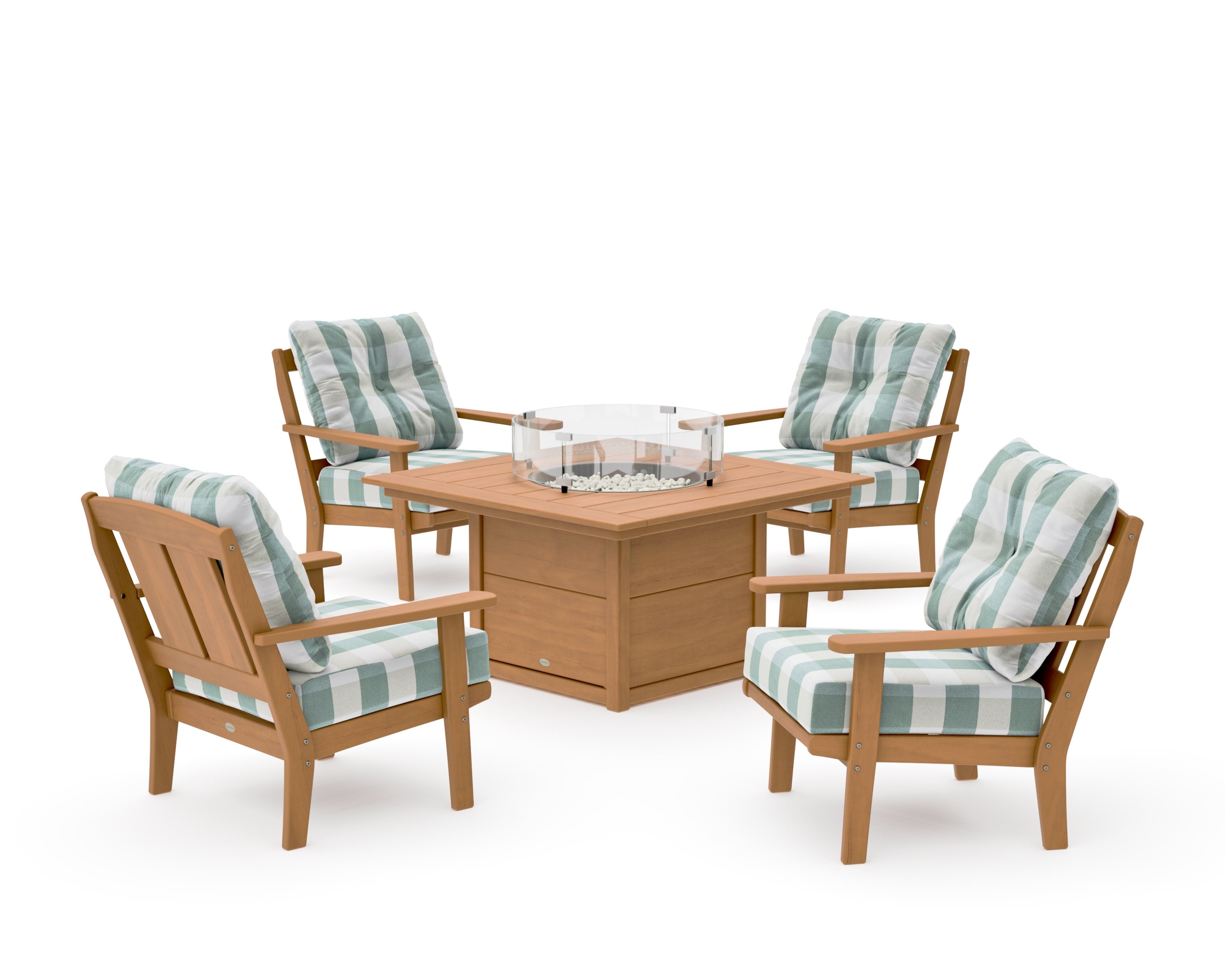 Mission 5-Piece Deep Seating Set with Fire Pit Table in Natural / Buffalo Plaid Glacier Spa