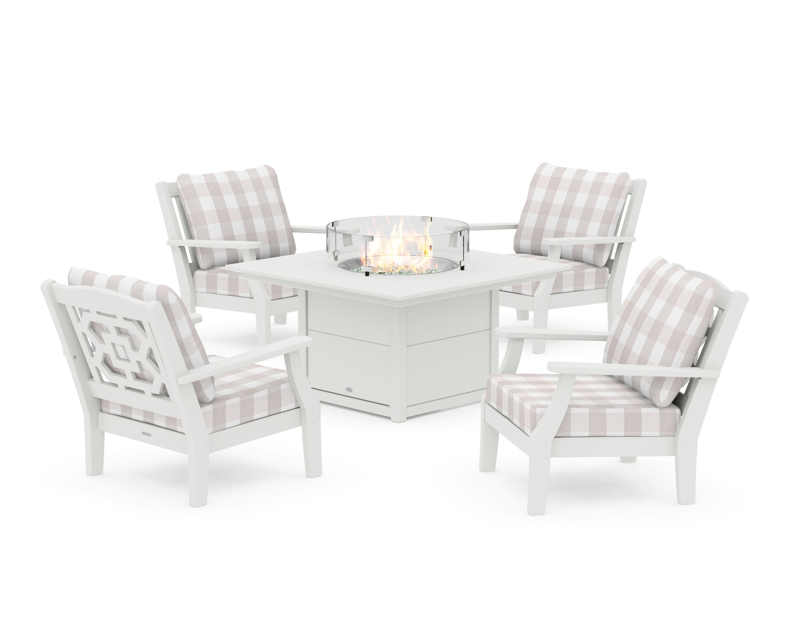 Chinoiserie 5-Piece Deep Seating Set with Fire Pit Table in Vintage White / Buffalo Plaid Dune Burlap