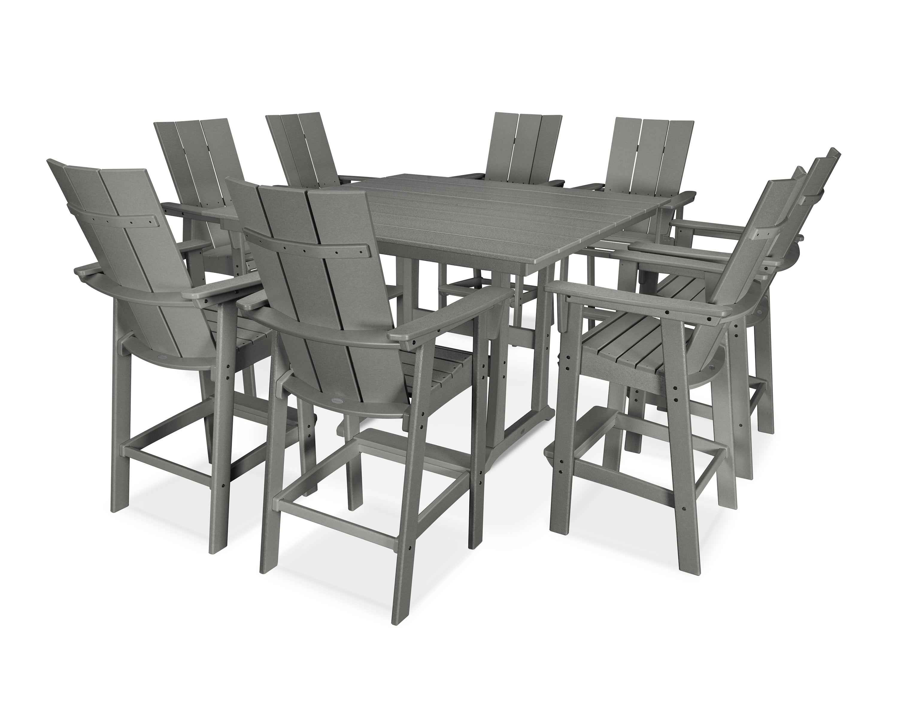 Modern Curveback Adirondack 9-Piece Farmhouse Trestle Bar Set in Slate Grey