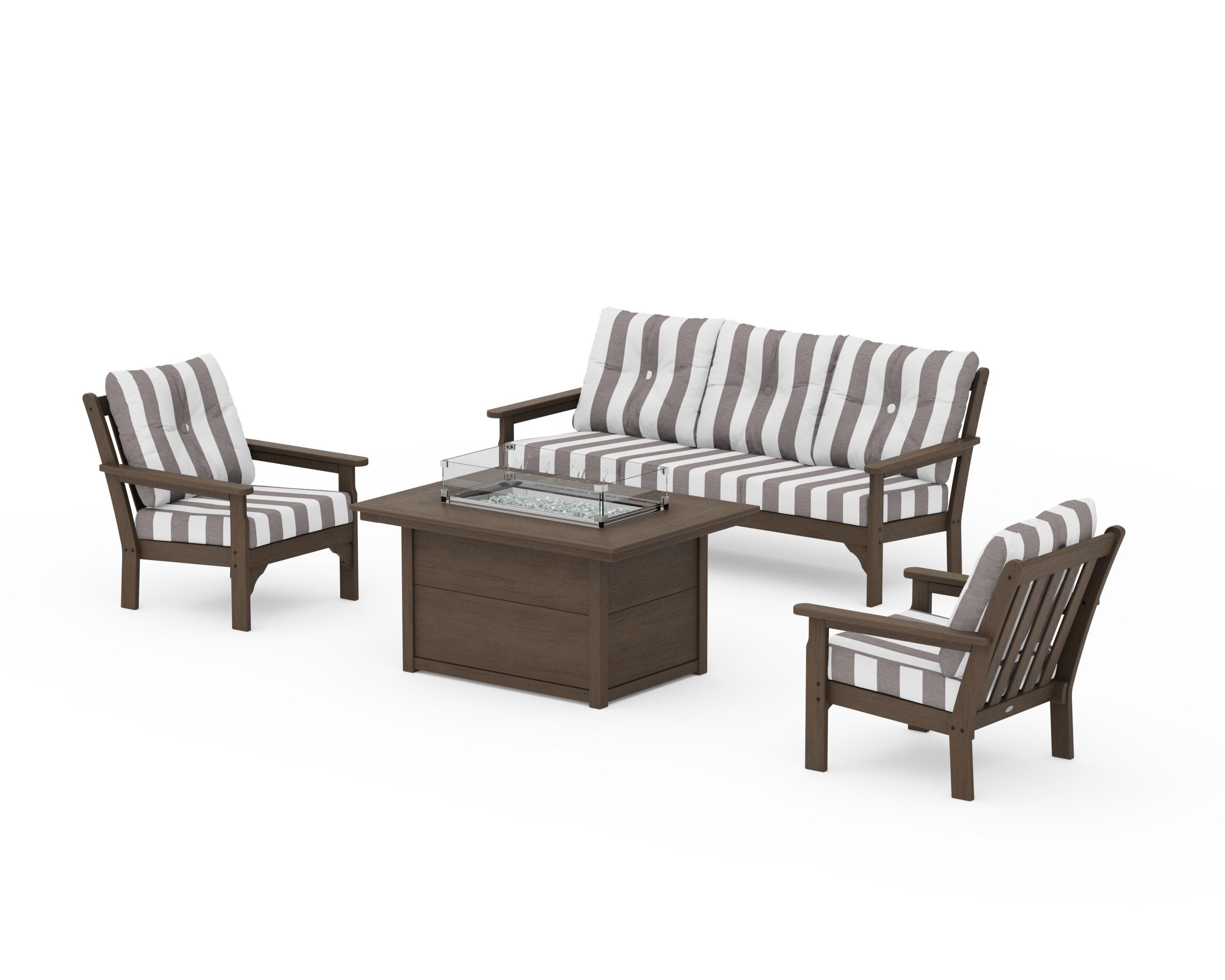 Vineyard Deep Seating Fire Pit Table Set in Kona / Cabana Stripe Grey Mist
