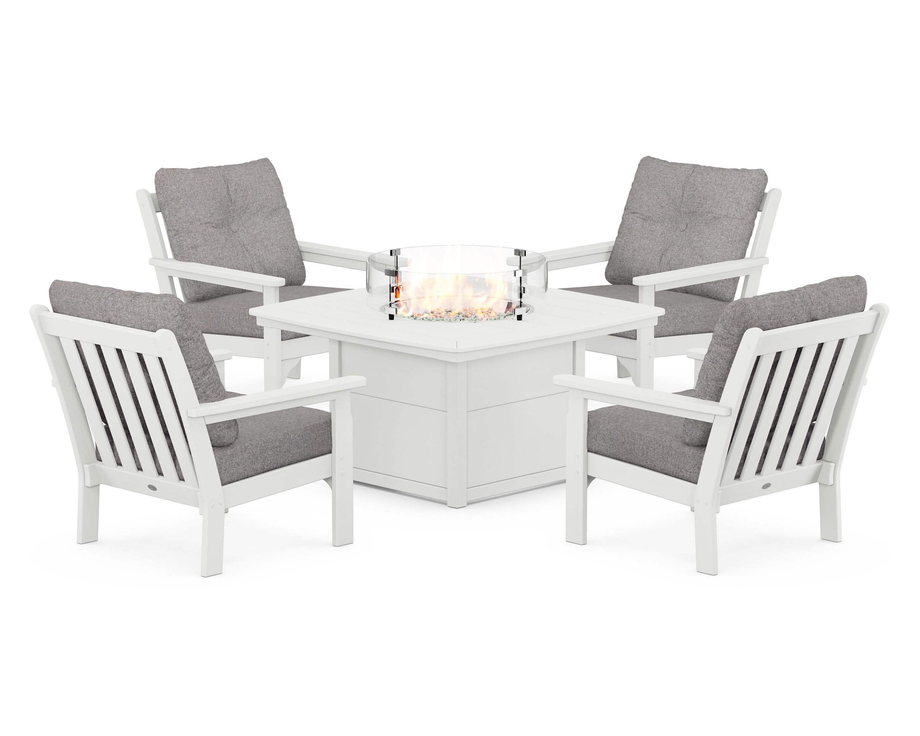 Vineyard 5-Piece Conversation Set with Fire Pit Table in Vintage White / Grey Mist