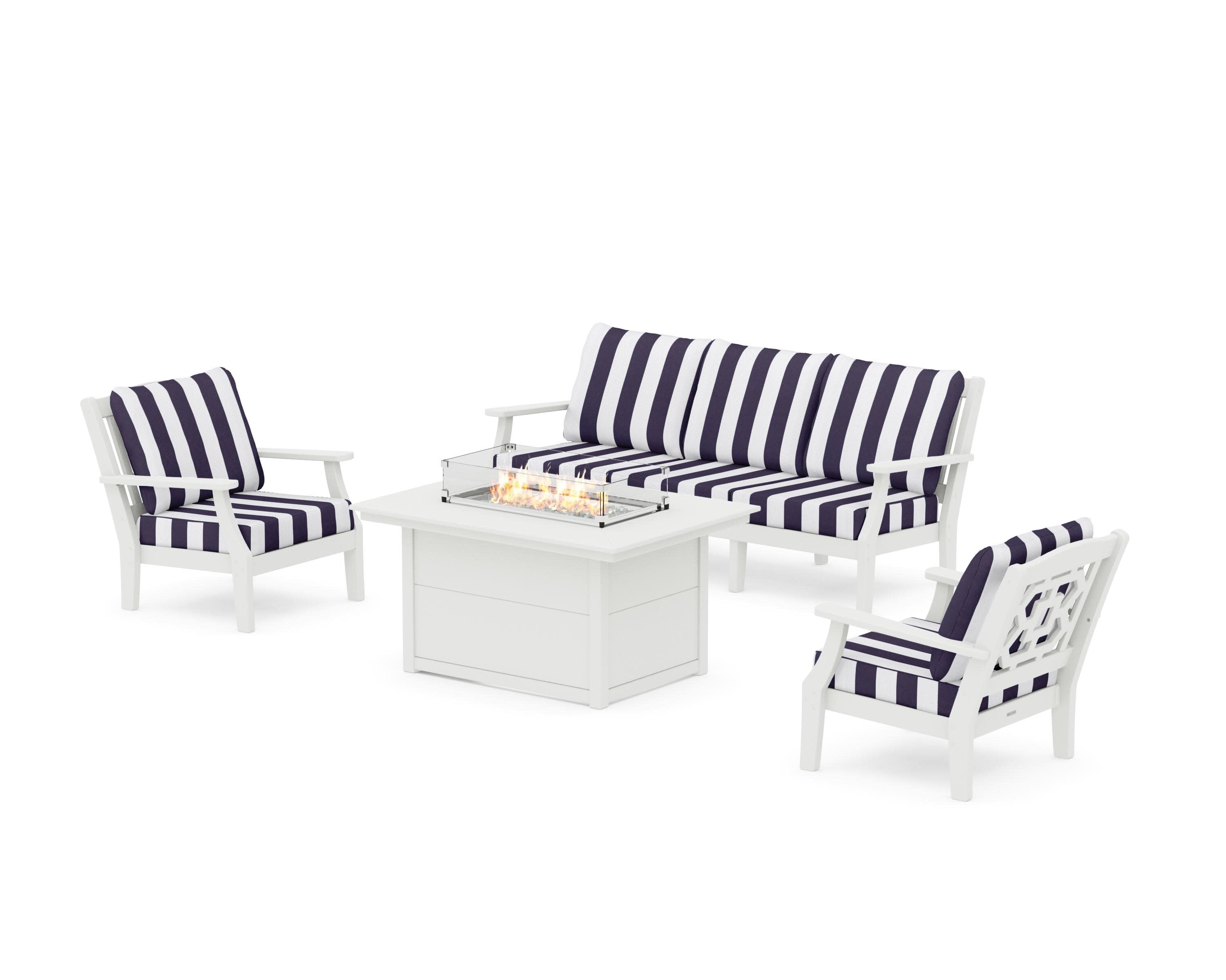 Chinoiserie Deep Seating Fire Pit Table Set in Vintage White / Cabana Stripe Navy