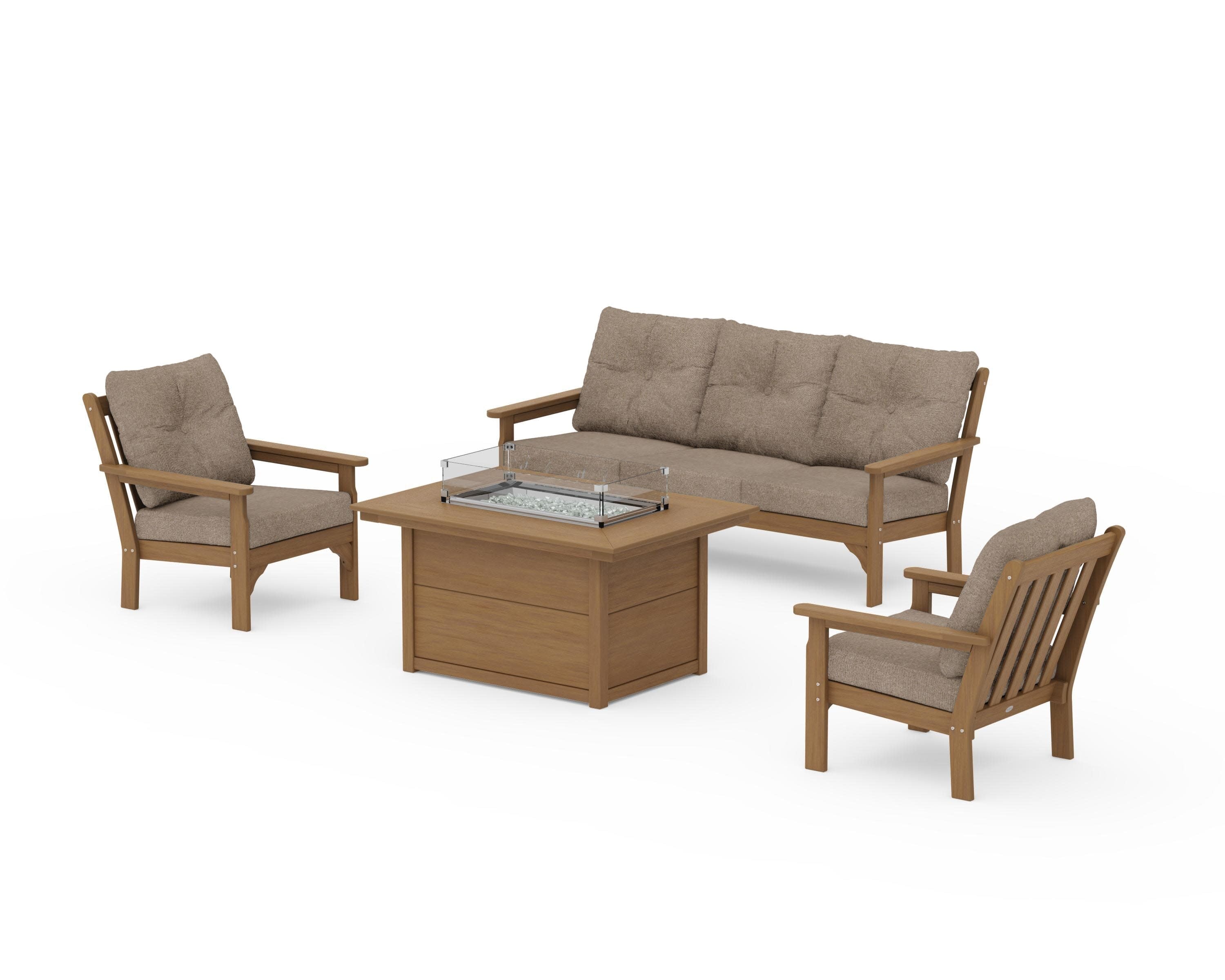 Vineyard Deep Seating Fire Pit Table Set in Natural / Spiced Burlap