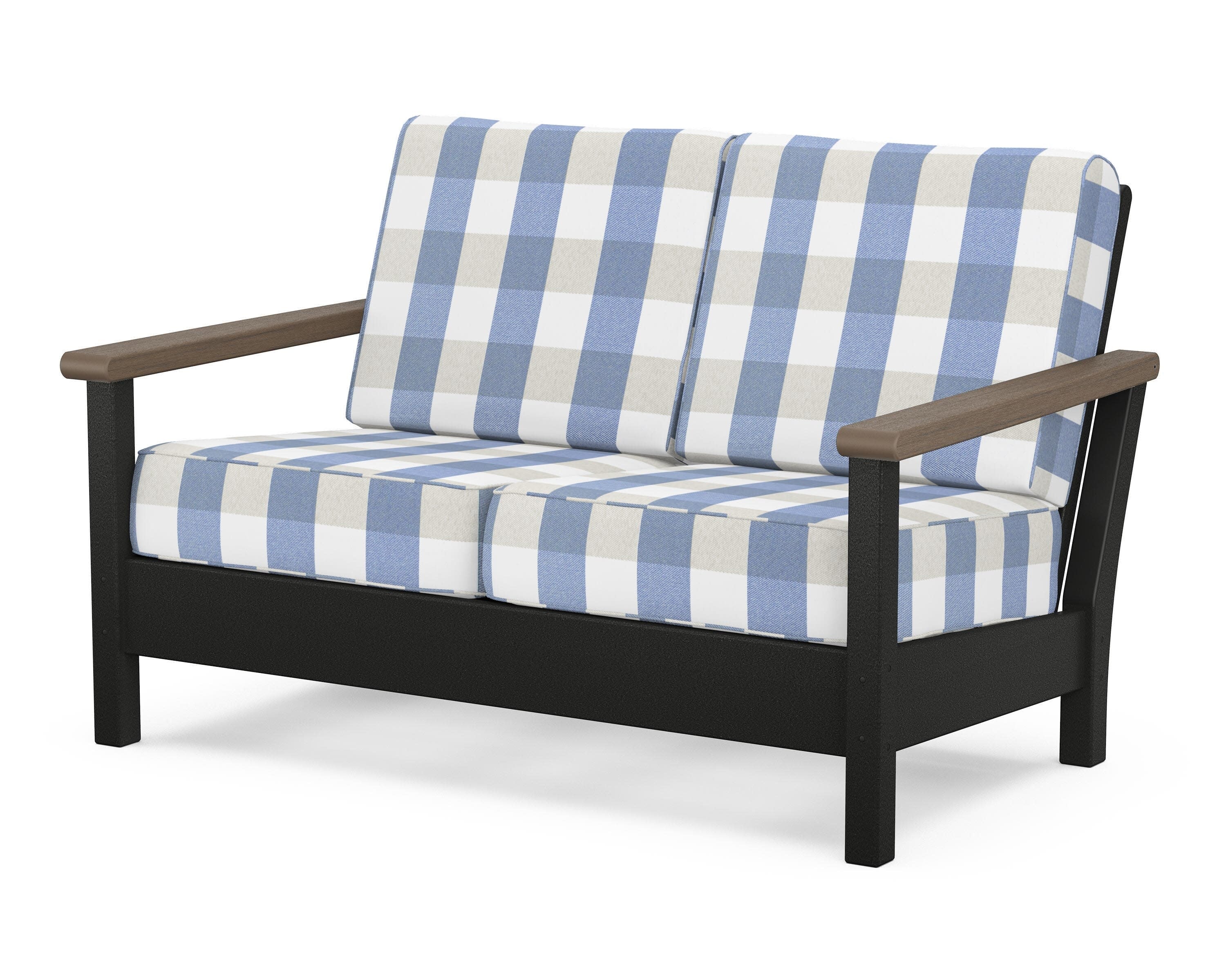 Harbour Deep Seating Loveseat in Black / Kona / Buffalo Plaid Sky Blue