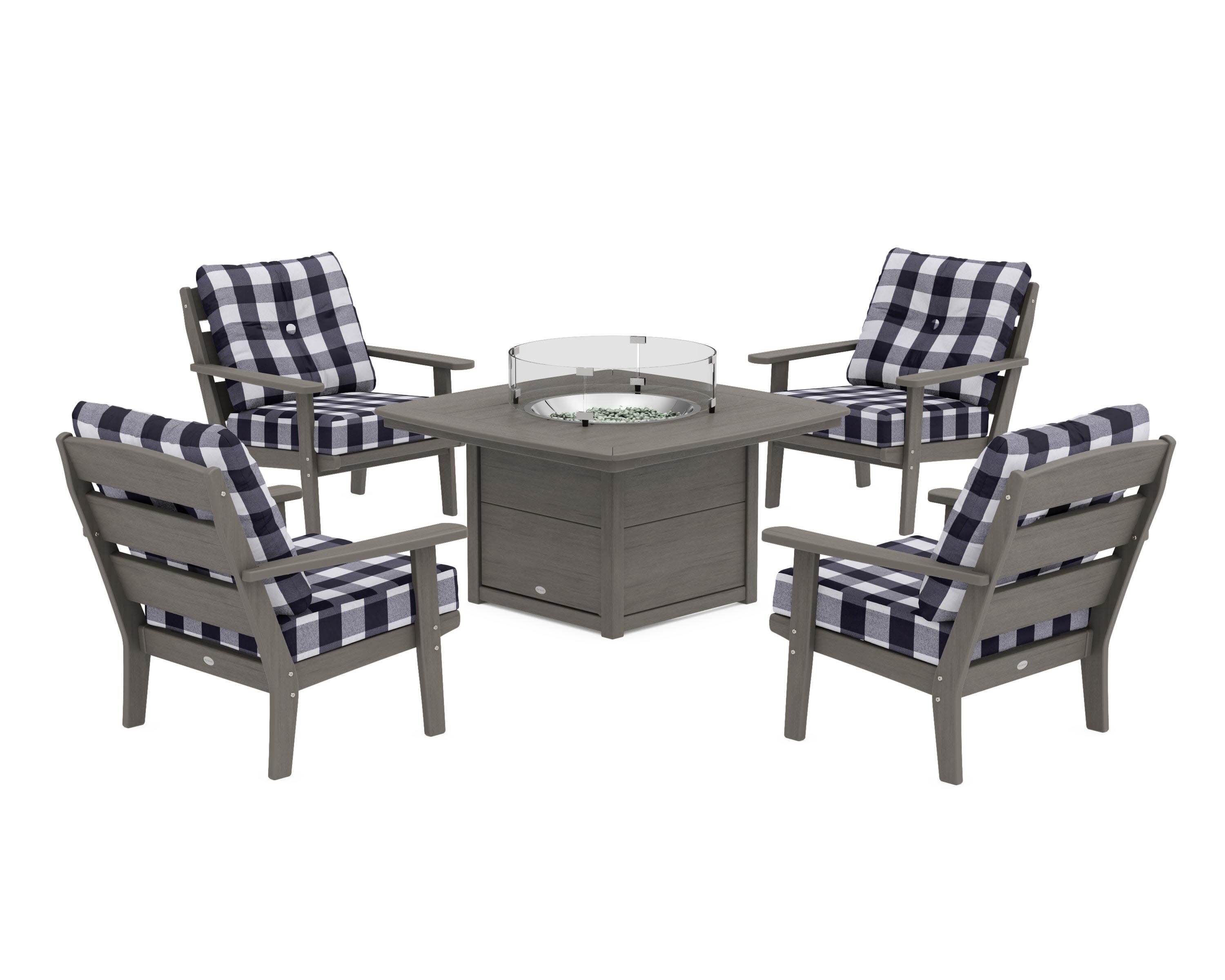Lakeside 5-Piece Deep Seating Set with Nautical Fire Pit Table in Driftwood / Buffalo Plaid Navy