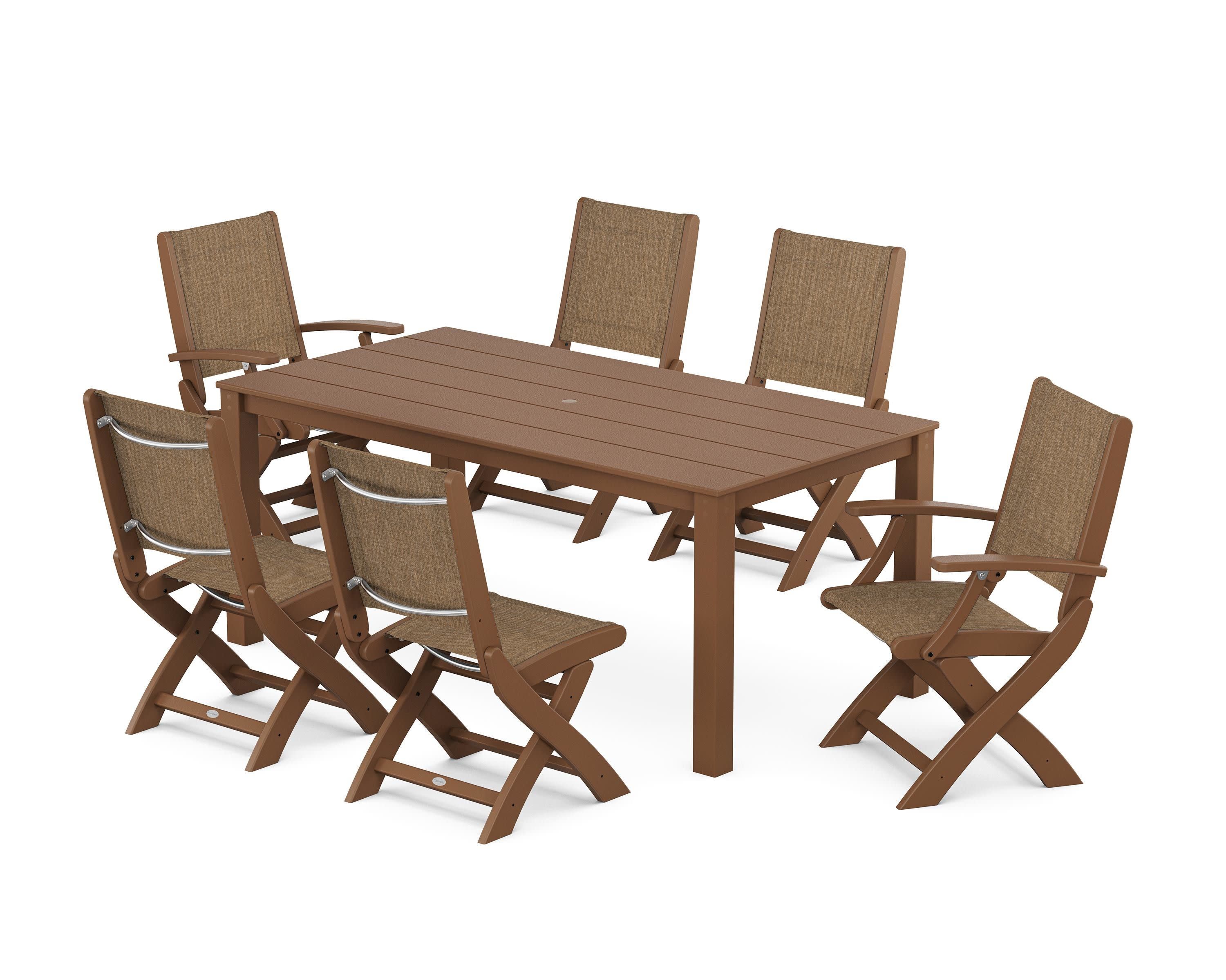 Coastal Folding Chair 7-Piece Parsons Dining Set in Teak / Burlap Sling