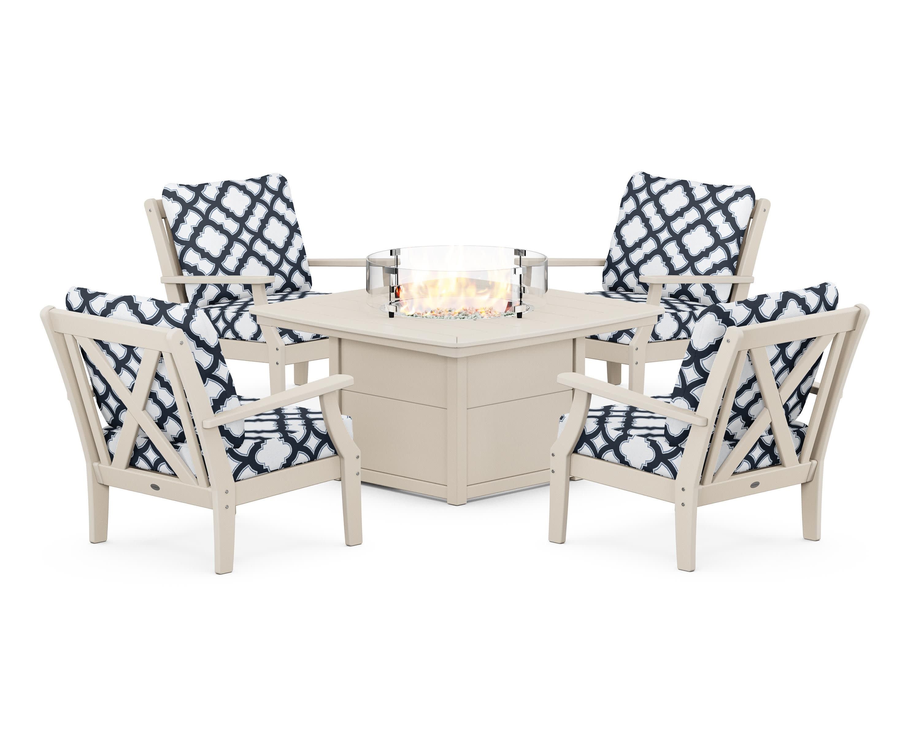 Braxton 5-Piece Deep Seating Conversation Set with Fire Pit Table in Sand / Trellis Marine Indigo