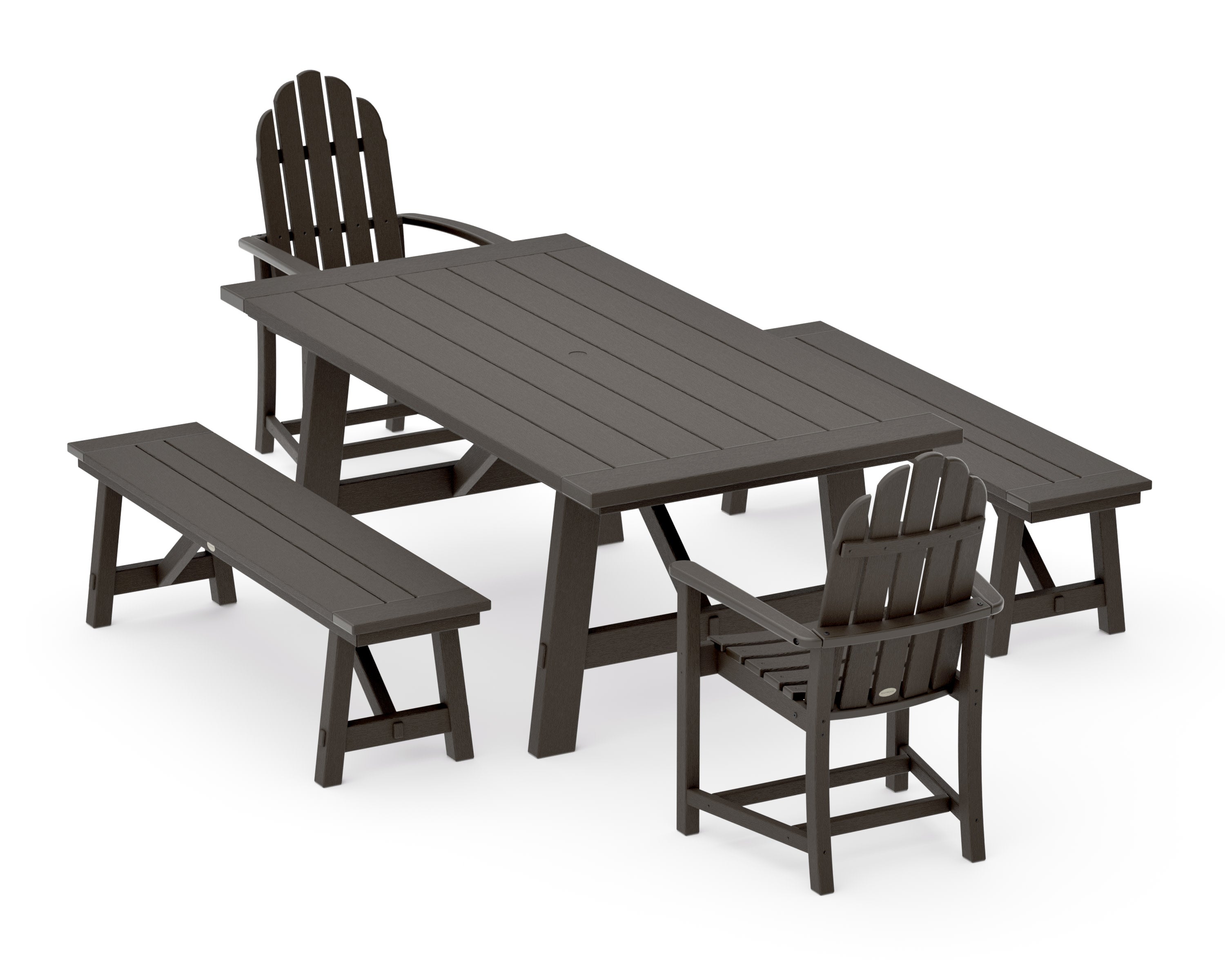 Classic Adirondack 5-Piece Rustic Farmhouse Dining Set With Benches in Vintage Coffee