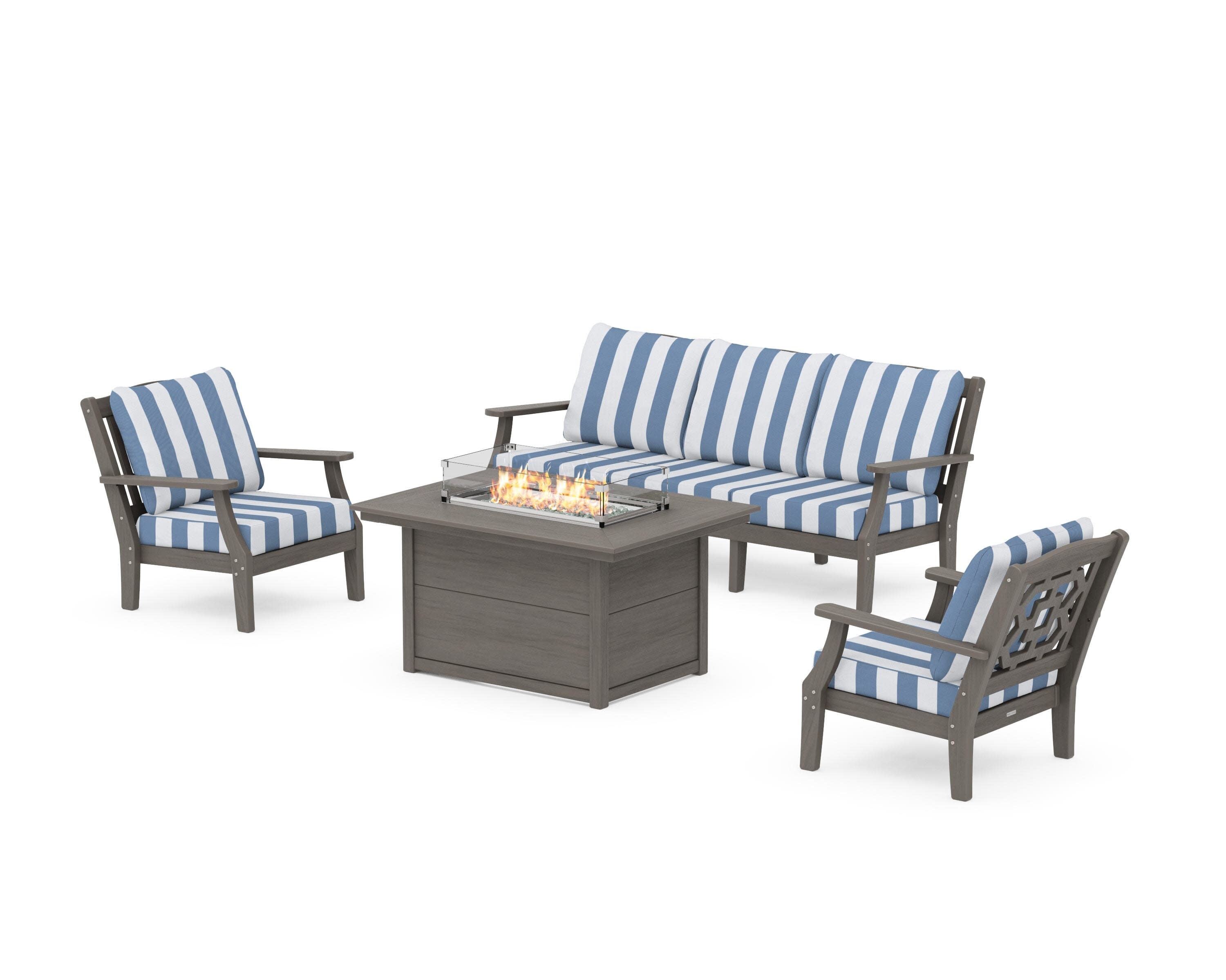 Chinoiserie Deep Seating Fire Pit Table Set in Driftwood / Cabana Stripe Sky Blue