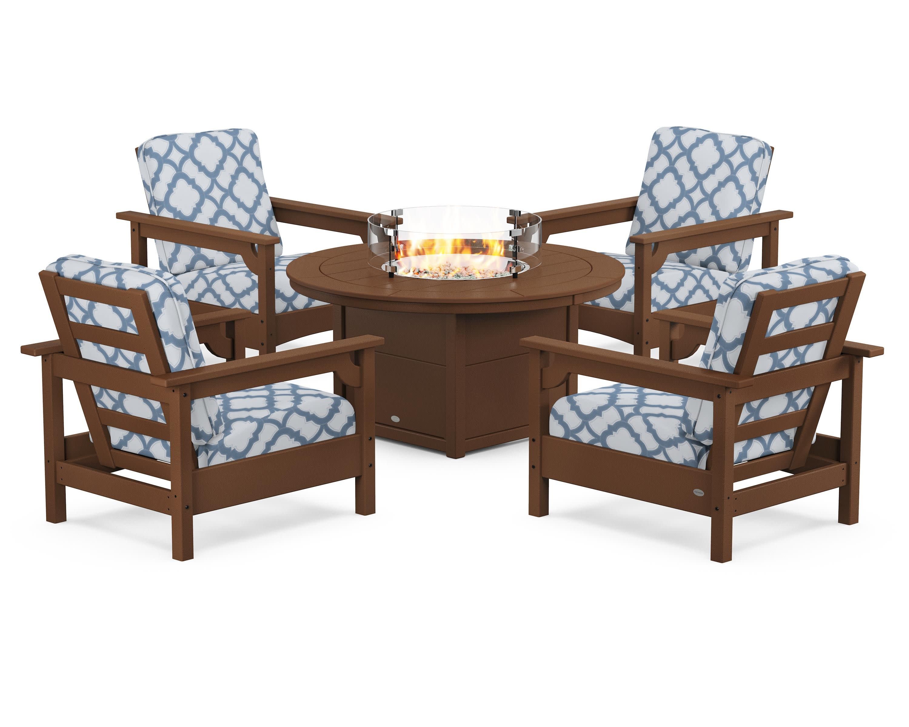 Club 5-Piece Conversation Set with Fire Pit Table in Teak / Trellis Sky Blue