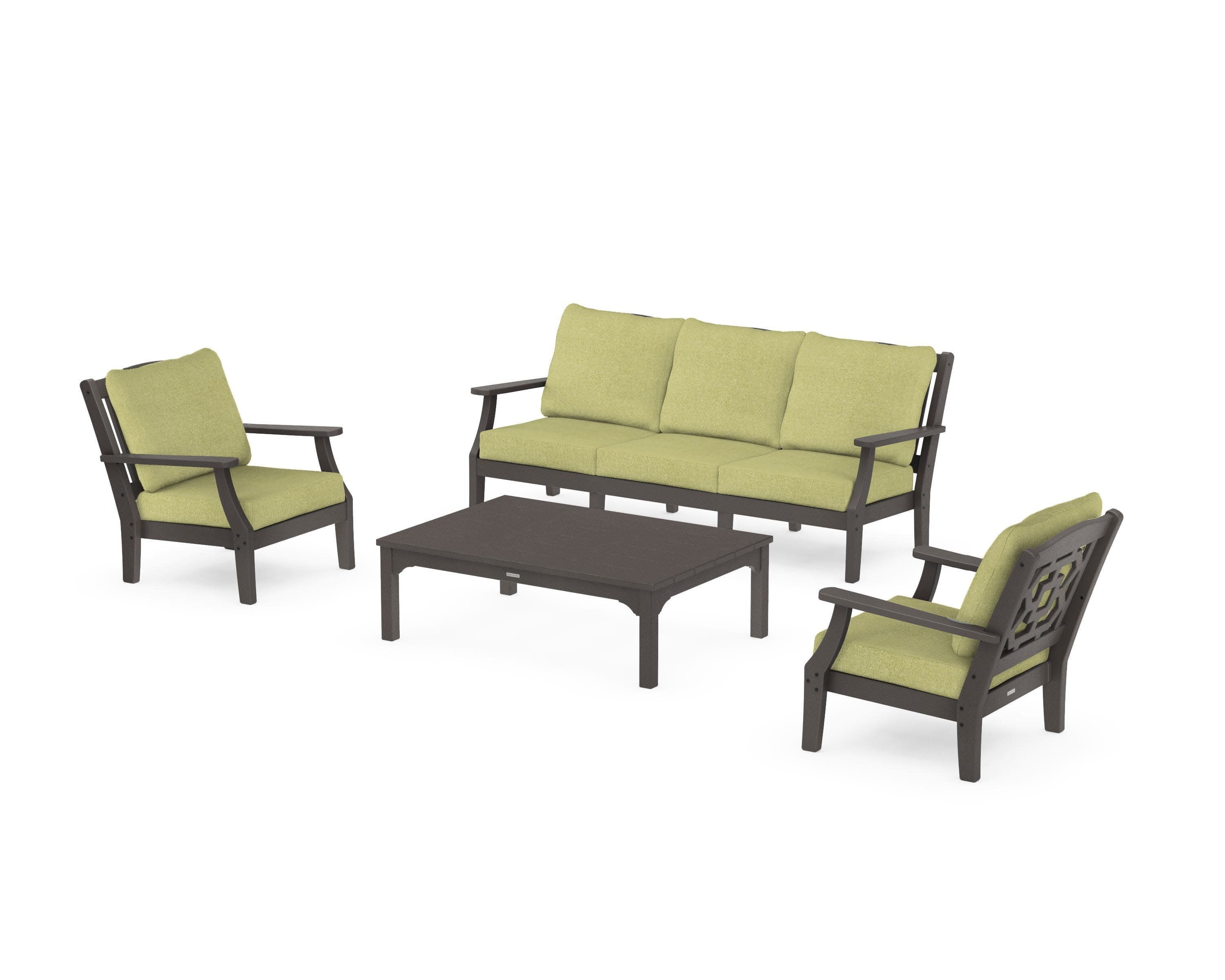 Chinoiserie 4-Piece Deep Seating Set with Sofa in Vintage Coffee / Chartreuse Boucle