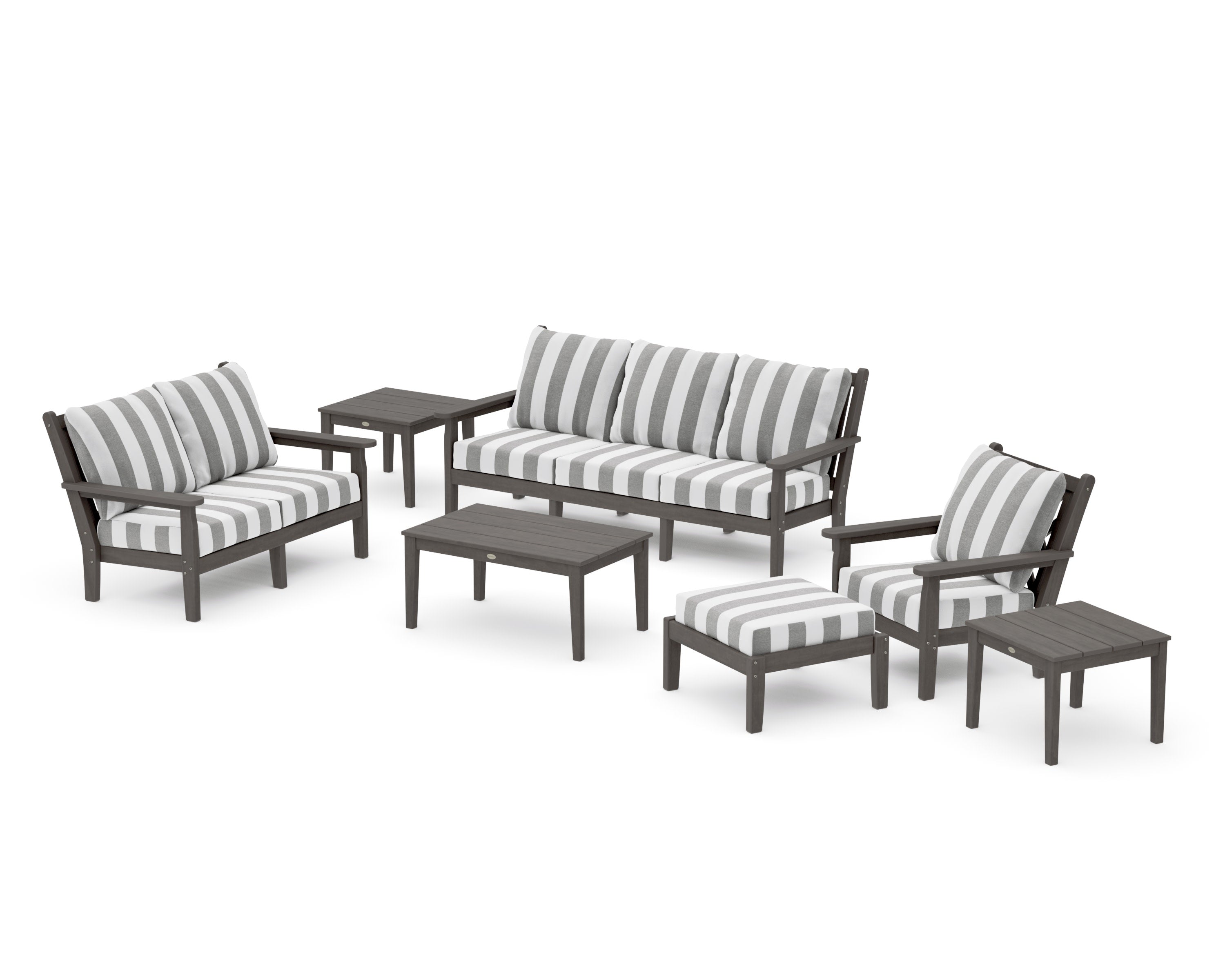 Chippendale 7-Piece Deep Seating Set in Driftwood / Cabana Stripe Grey Mist