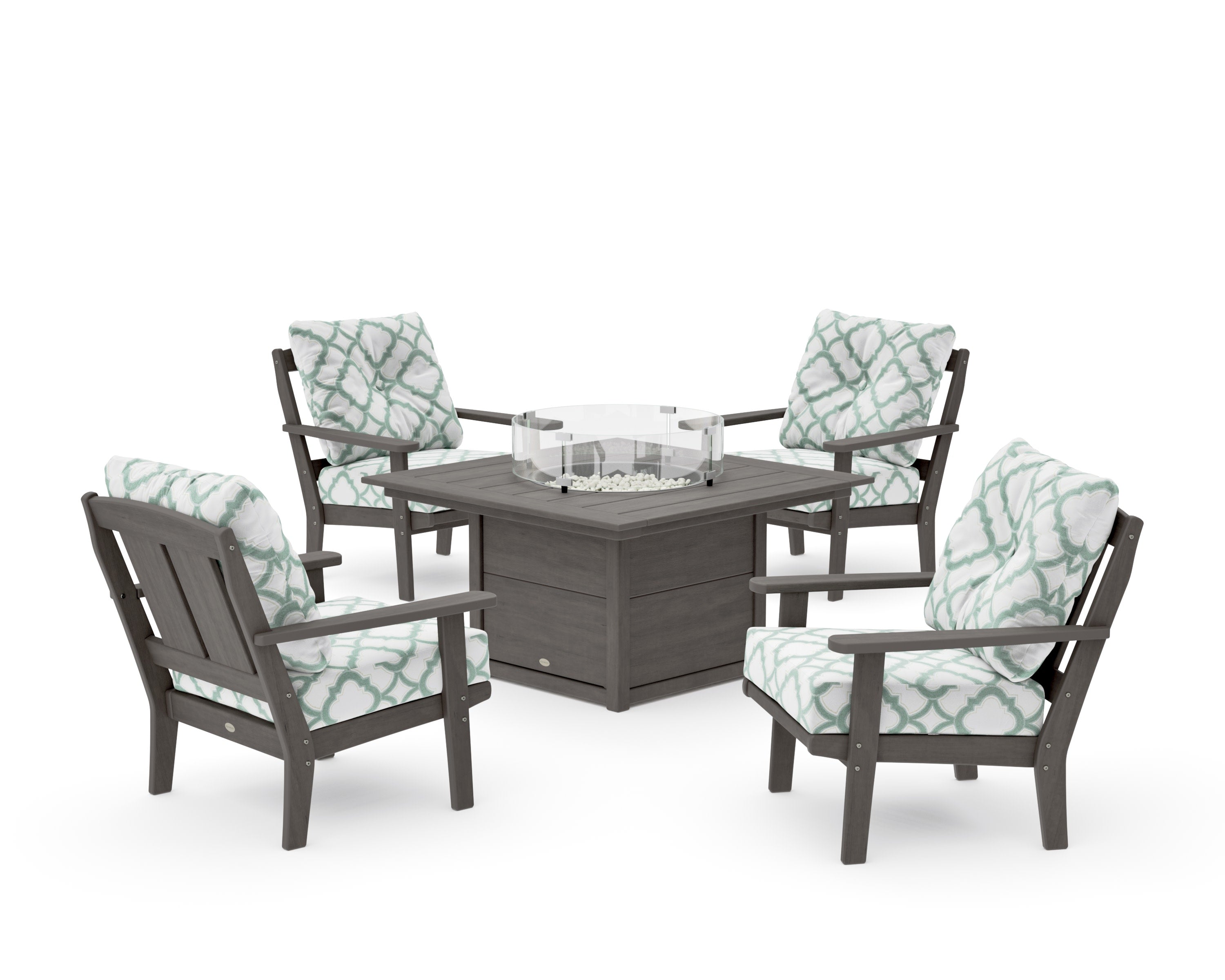 Mission 5-Piece Deep Seating Set with Fire Pit Table in Driftwood / Trellis Glacier Spa
