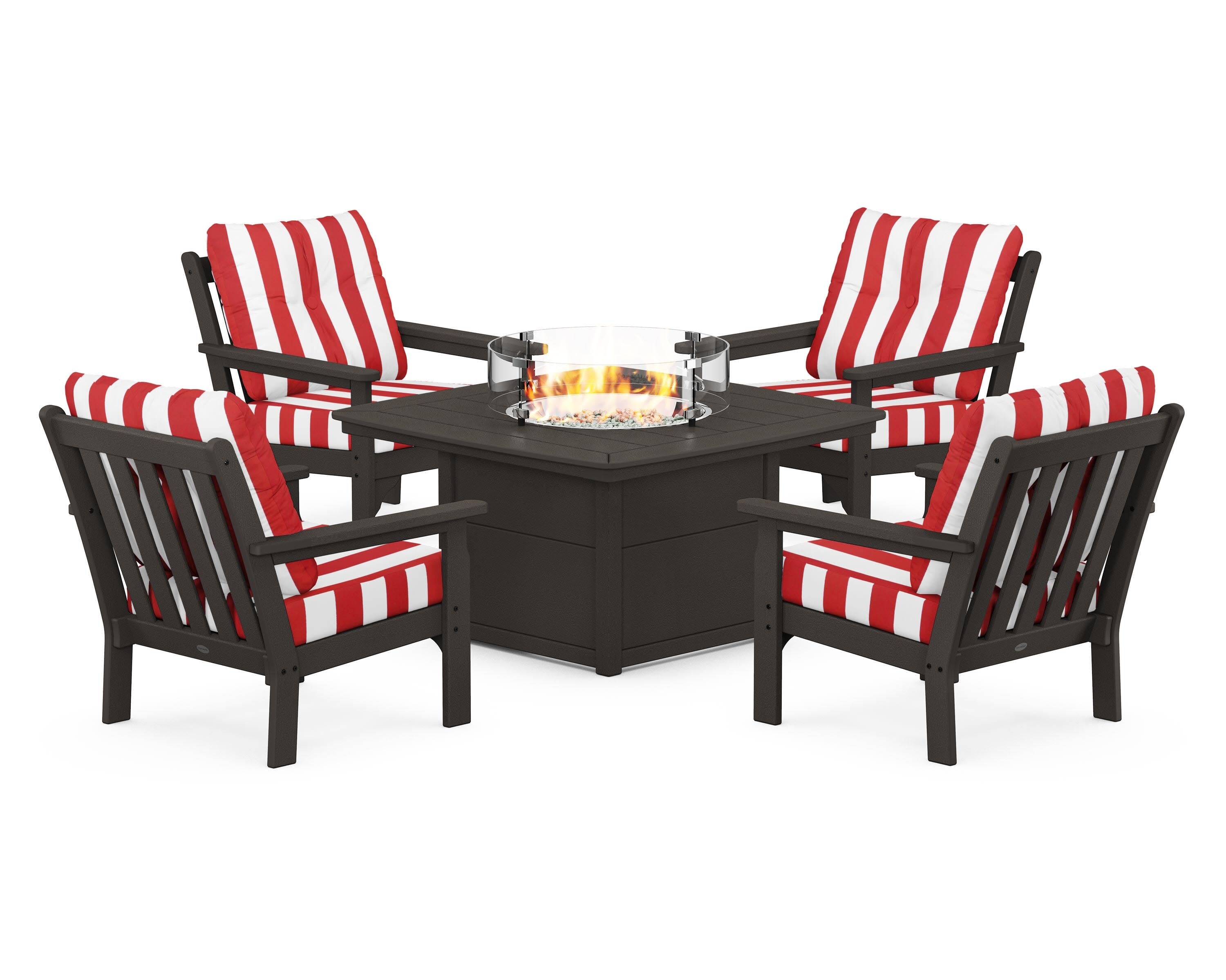 Vineyard 5-Piece Conversation Set with Fire Pit Table in Vintage Coffee / Cabana Stripe Crimson