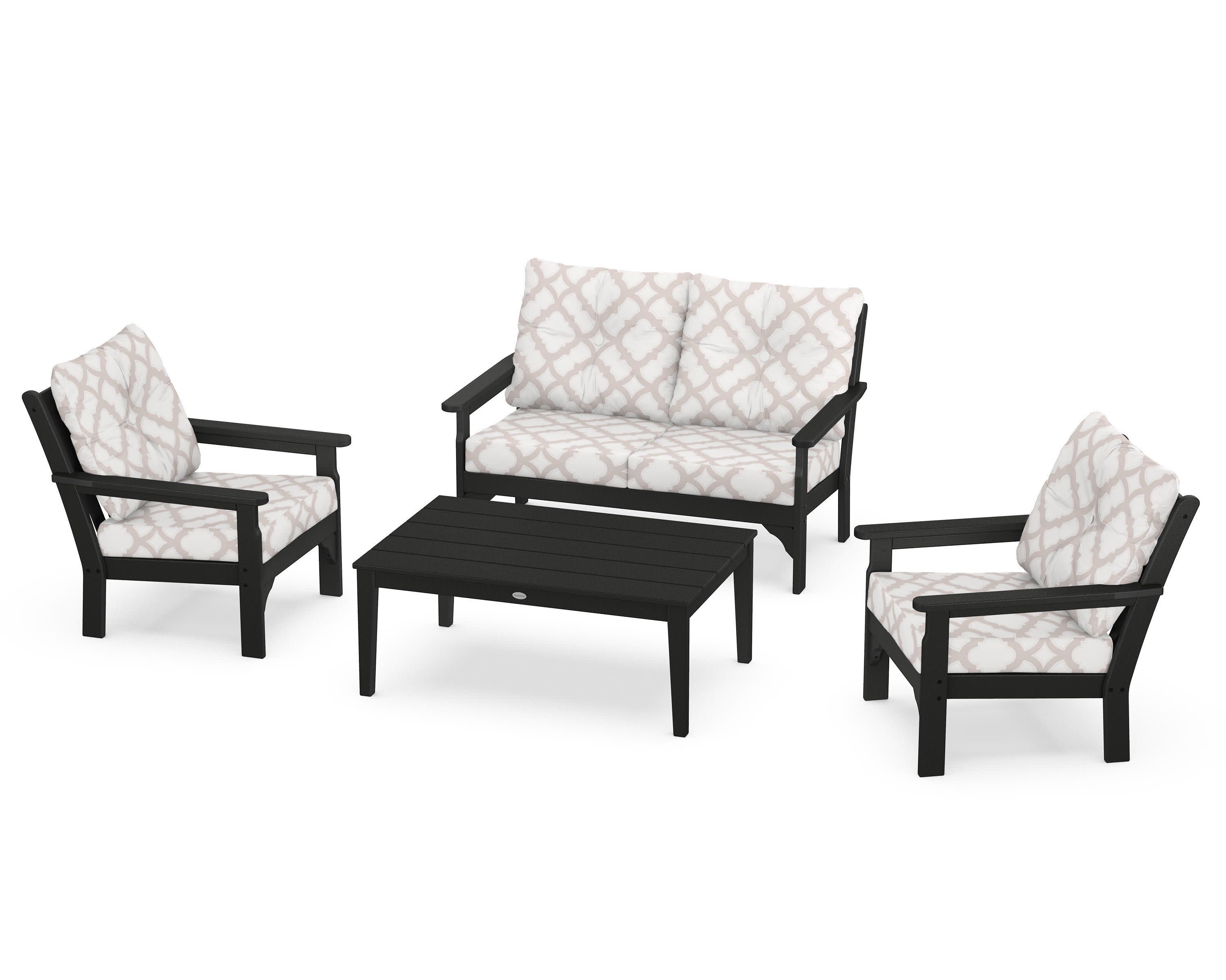Vineyard 4-Piece Deep Seating Set in Black / Trellis Dune Burlap