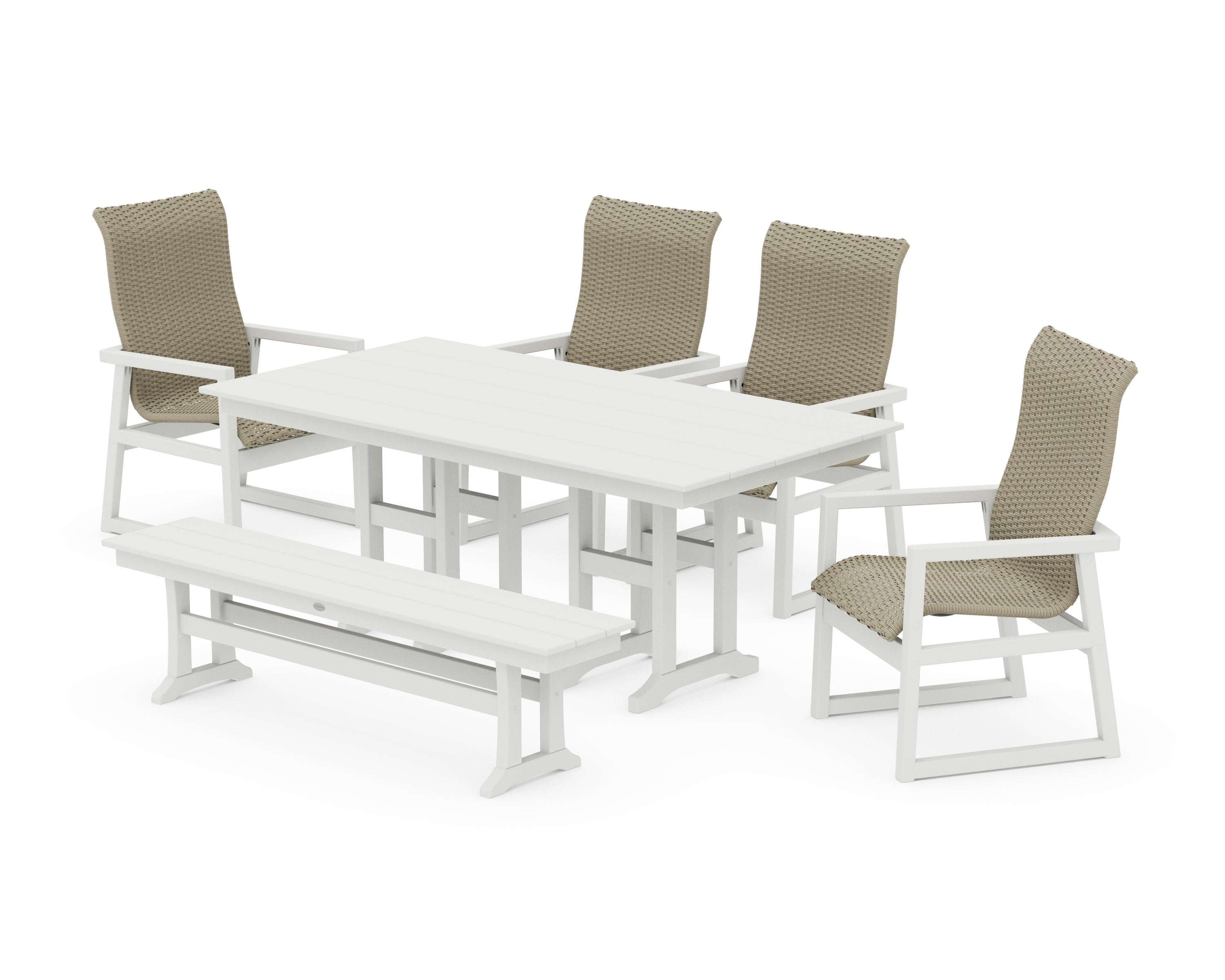 EDGE Woven Highback 6-Piece Farmhouse Dining Set with Bench in Vintage White / Dune Grass
