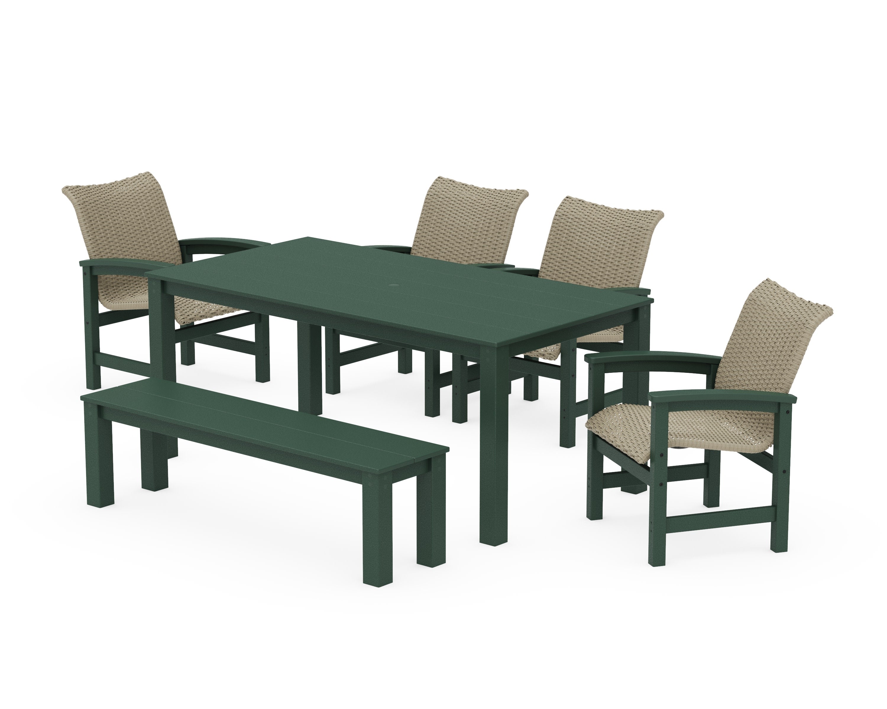 Coastal Woven 6-Piece Parsons Dining Set with Bench in Green / Dune Grass