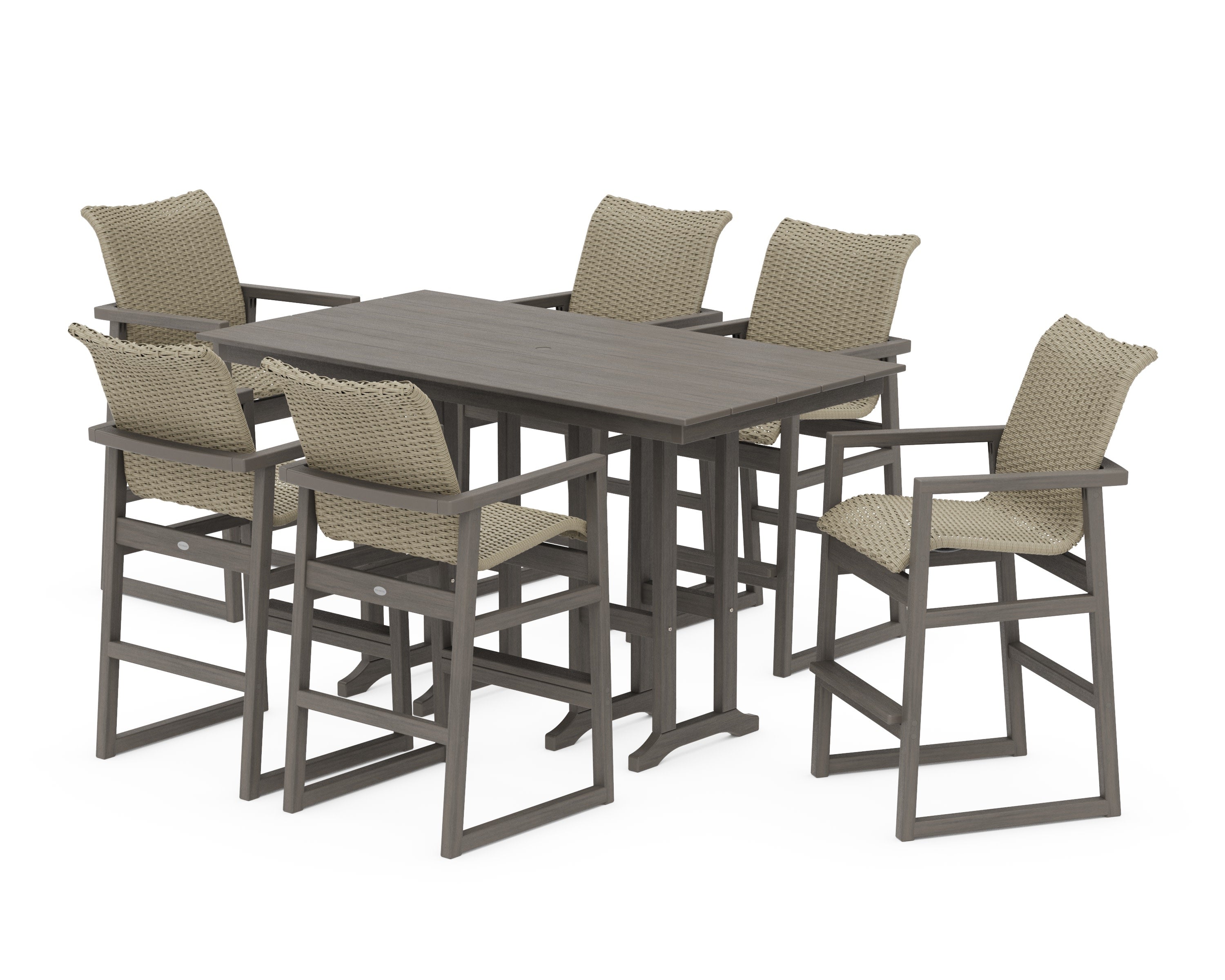 EDGE Woven Arm Chair 7-Piece Farmhouse Bar Set in Driftwood / Dune Grass