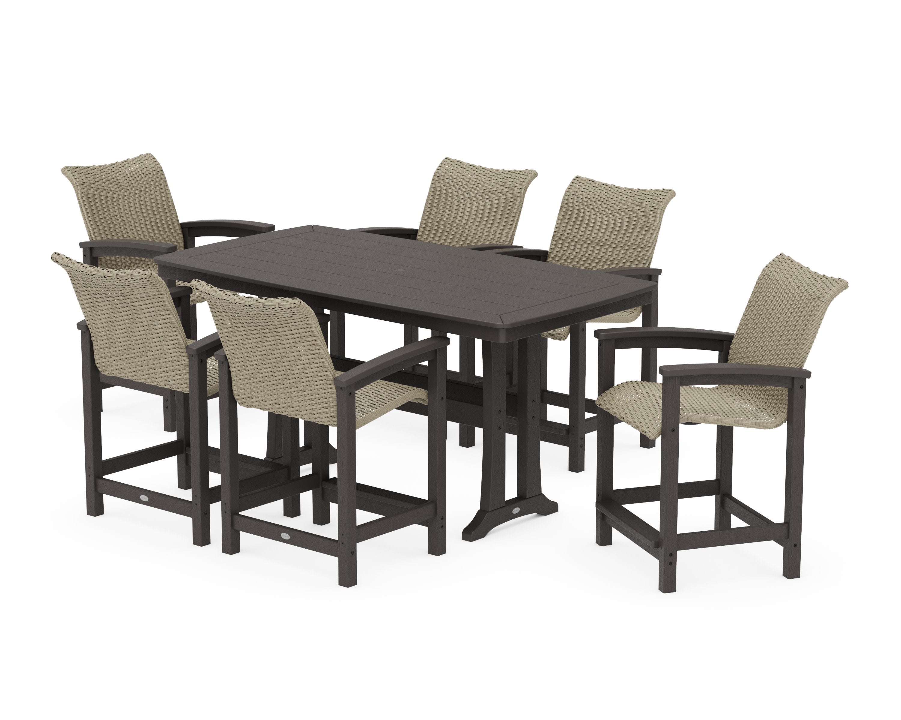 Coastal Woven Arm Chair 7-Piece Counter Set with Trestle Legs in Vintage Coffee / Dune Grass
